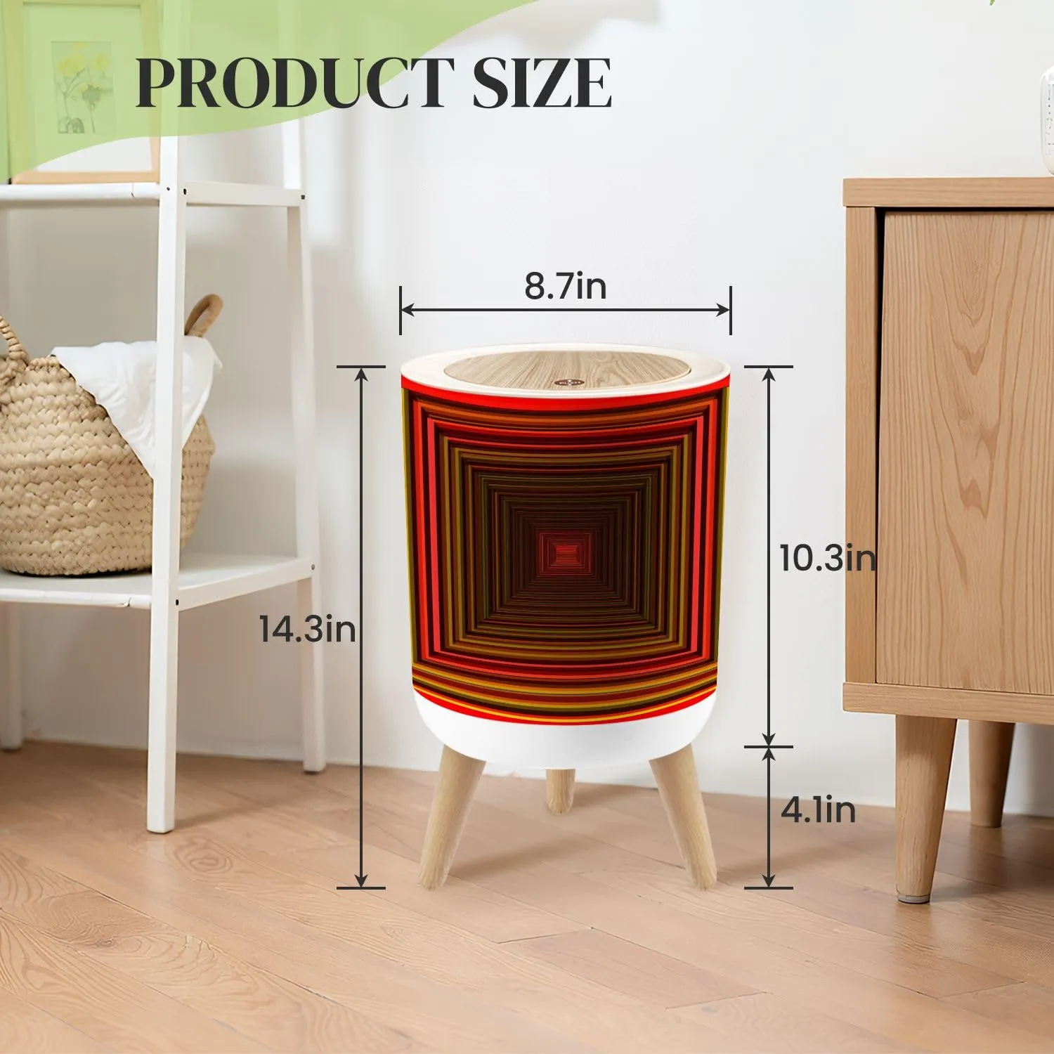 Small Trash Can with Lid 3D Optical Illusion Colorful Realistic Concentric Squares Vibrant Red Round Press Top Garbage Can with Legs Trash Bin Waste Basket for Kitchen Bedroom Bathroom 7L/1.8 Gallon