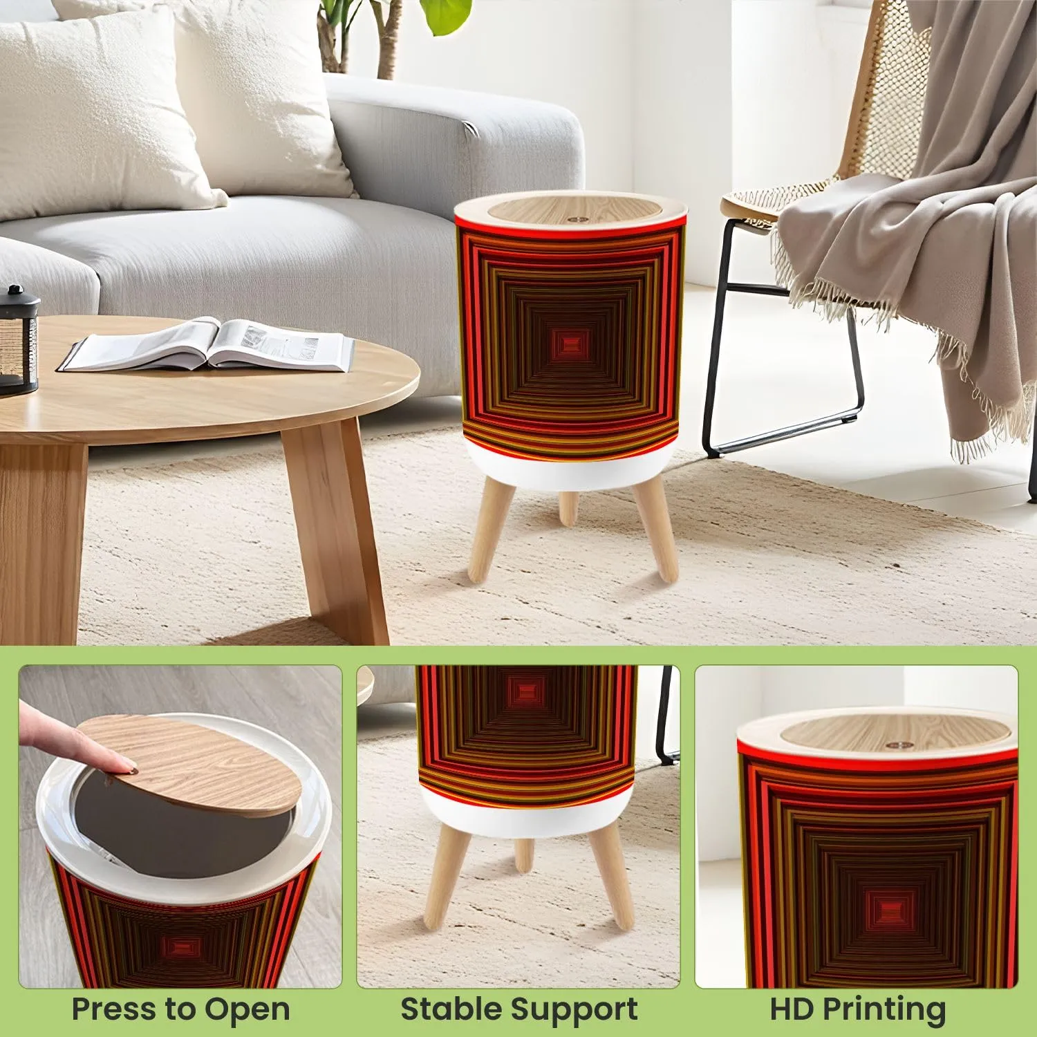 Small Trash Can with Lid 3D Optical Illusion Colorful Realistic Concentric Squares Vibrant Red Round Press Top Garbage Can with Legs Trash Bin Waste Basket for Kitchen Bedroom Bathroom 7L/1.8 Gallon
