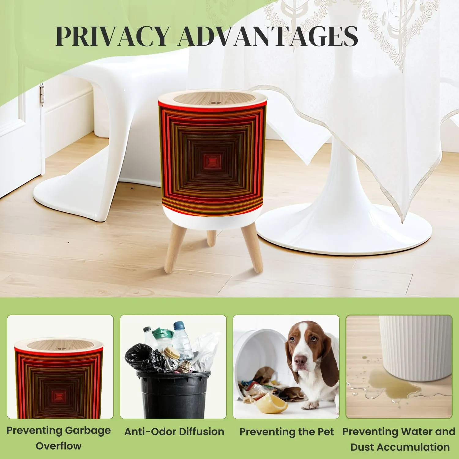 Small Trash Can with Lid 3D Optical Illusion Colorful Realistic Concentric Squares Vibrant Red Round Press Top Garbage Can with Legs Trash Bin Waste Basket for Kitchen Bedroom Bathroom 7L/1.8 Gallon