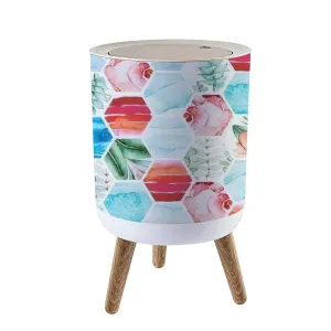 Small Trash Can with Lid Abstract geometric seamless on light Watercolor hexagon with palm Garbage Bin Wood Waste Bin Press Cover Round Wastebasket for Bathroom Bedroom Diaper Office Kitchen