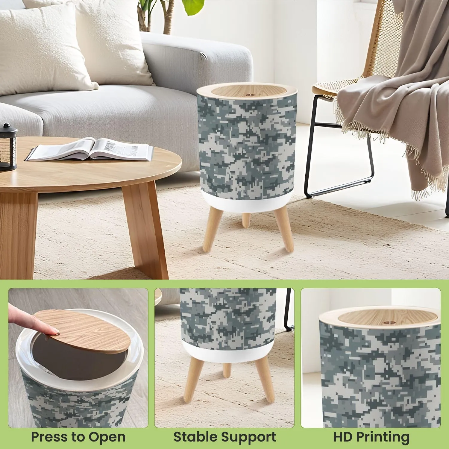 Small Trash Can with Lid Camouflage Seamless Round Press Top Garbage Can with Legs Trash Bin Waste Basket for Kitchen Bedroom Bathroom 7L/1.8 Gallon
