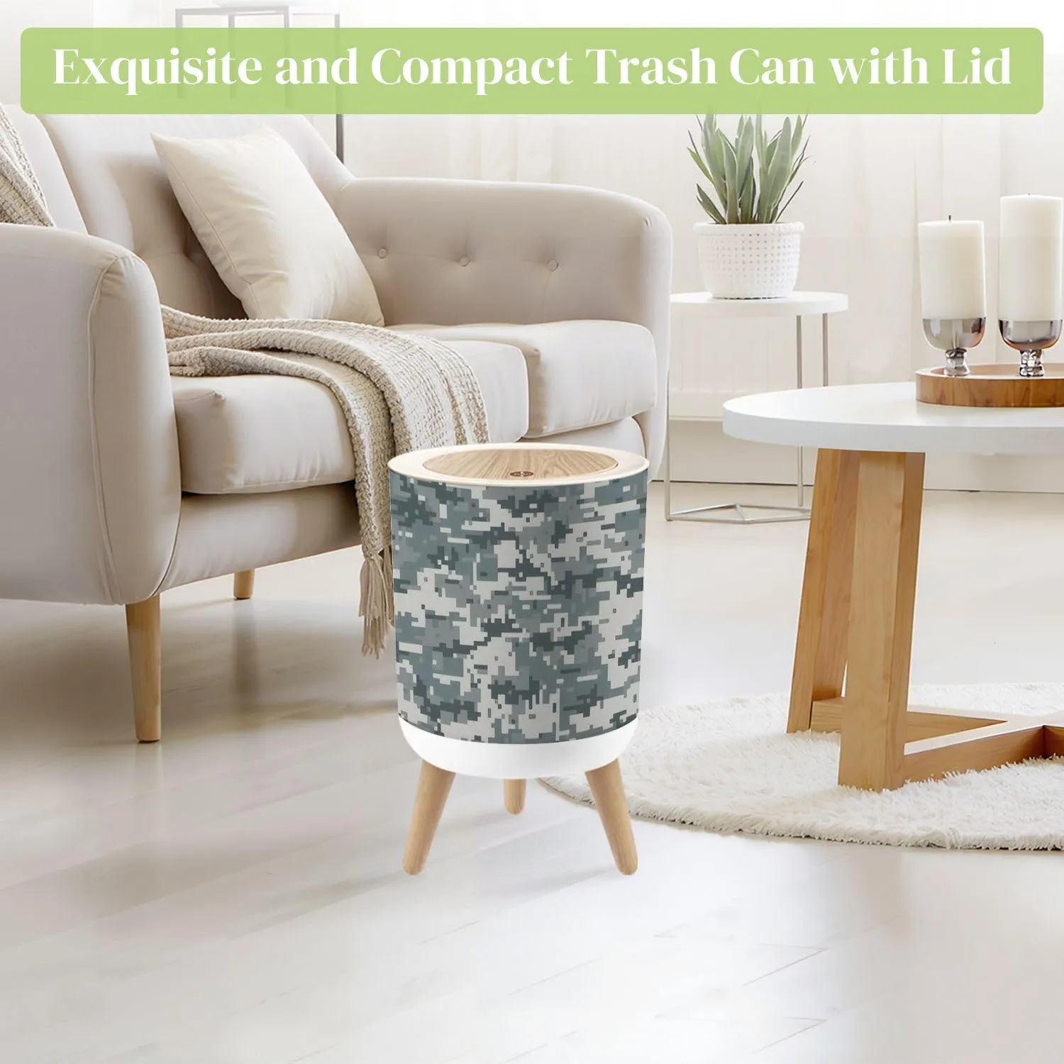 Small Trash Can with Lid Camouflage Seamless Round Press Top Garbage Can with Legs Trash Bin Waste Basket for Kitchen Bedroom Bathroom 7L/1.8 Gallon