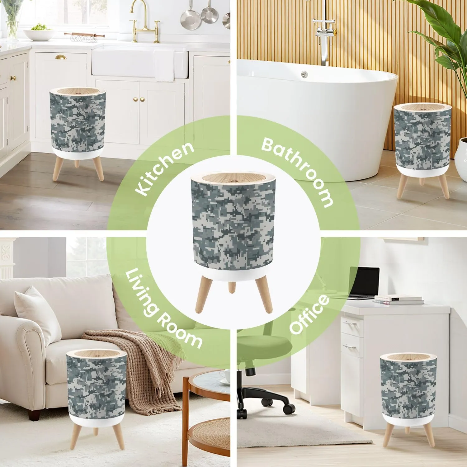 Small Trash Can with Lid Camouflage Seamless Round Press Top Garbage Can with Legs Trash Bin Waste Basket for Kitchen Bedroom Bathroom 7L/1.8 Gallon