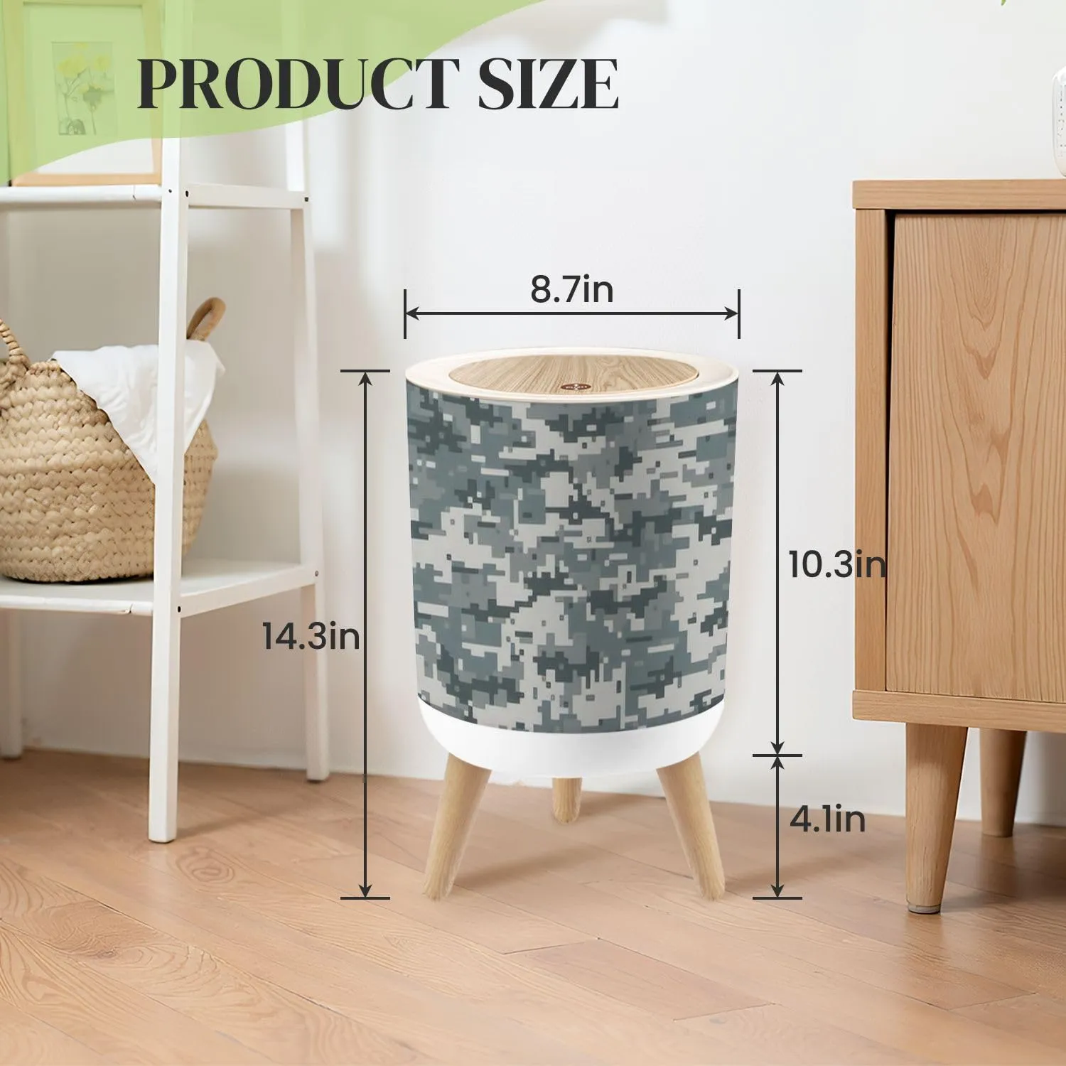 Small Trash Can with Lid Camouflage Seamless Round Press Top Garbage Can with Legs Trash Bin Waste Basket for Kitchen Bedroom Bathroom 7L/1.8 Gallon