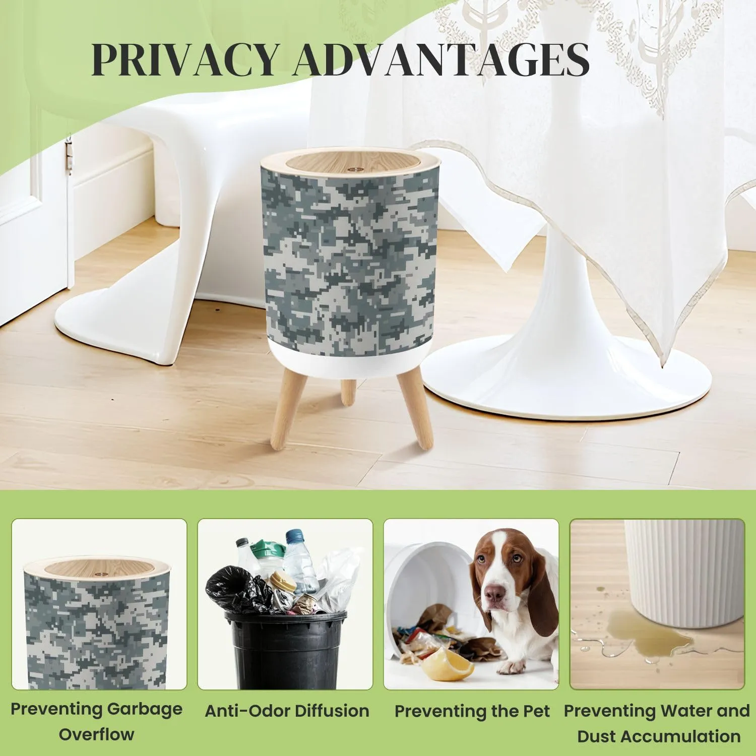 Small Trash Can with Lid Camouflage Seamless Round Press Top Garbage Can with Legs Trash Bin Waste Basket for Kitchen Bedroom Bathroom 7L/1.8 Gallon