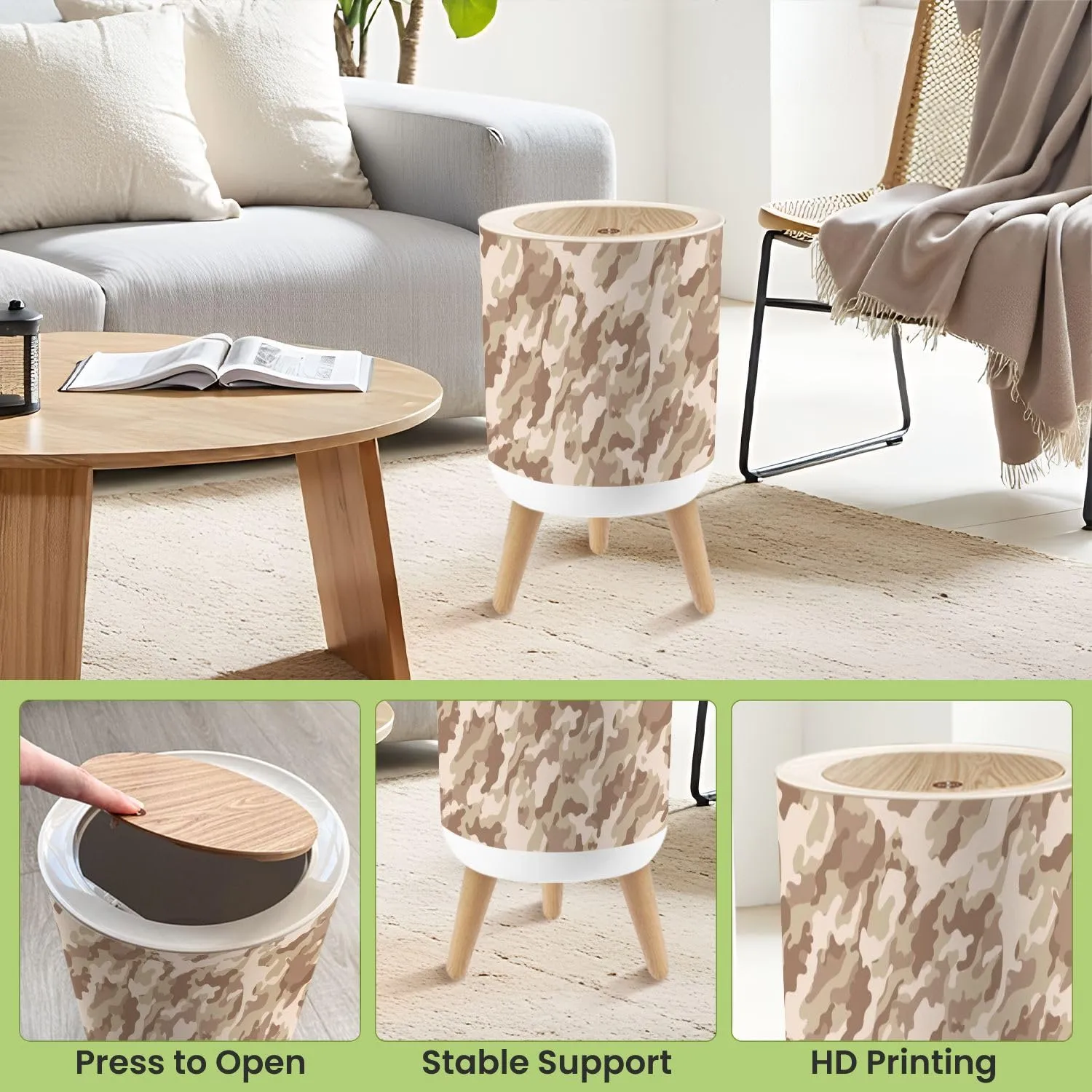 Small Trash Can with Lid Desert camouflage military pattern camouflage pattern for clothing Round Press Top Garbage Can with Legs Trash Bin Waste Basket for Kitchen Bedroom Bathroom 7L/1.8 Gallon