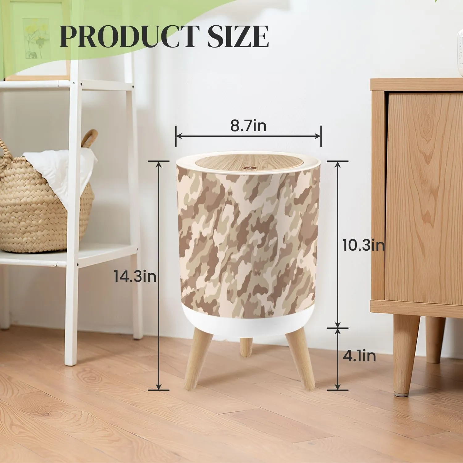 Small Trash Can with Lid Desert camouflage military pattern camouflage pattern for clothing Round Press Top Garbage Can with Legs Trash Bin Waste Basket for Kitchen Bedroom Bathroom 7L/1.8 Gallon