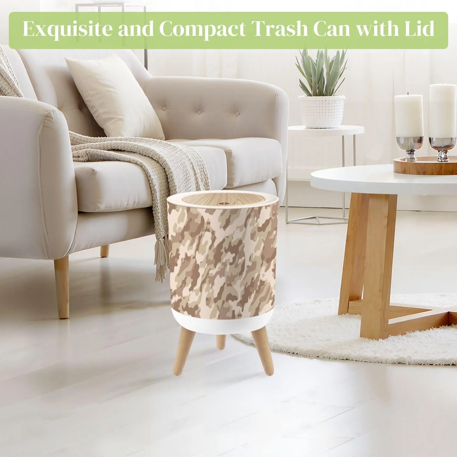 Small Trash Can with Lid Desert camouflage military pattern camouflage pattern for clothing Round Press Top Garbage Can with Legs Trash Bin Waste Basket for Kitchen Bedroom Bathroom 7L/1.8 Gallon