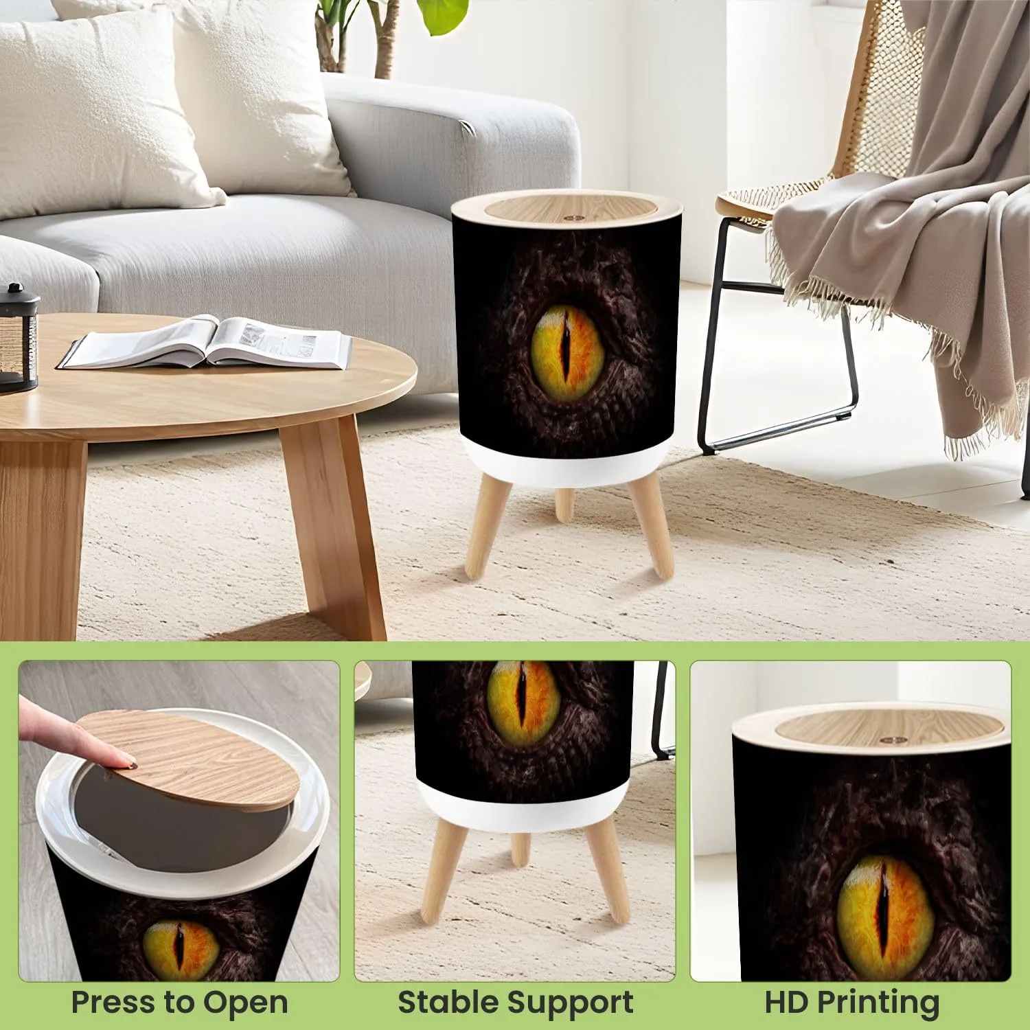 Small Trash Can with Lid Dragon Eye Close up Round Press Top Garbage Can with Legs Trash Bin Waste Basket for Kitchen Bedroom Bathroom 7L/1.8 Gallon