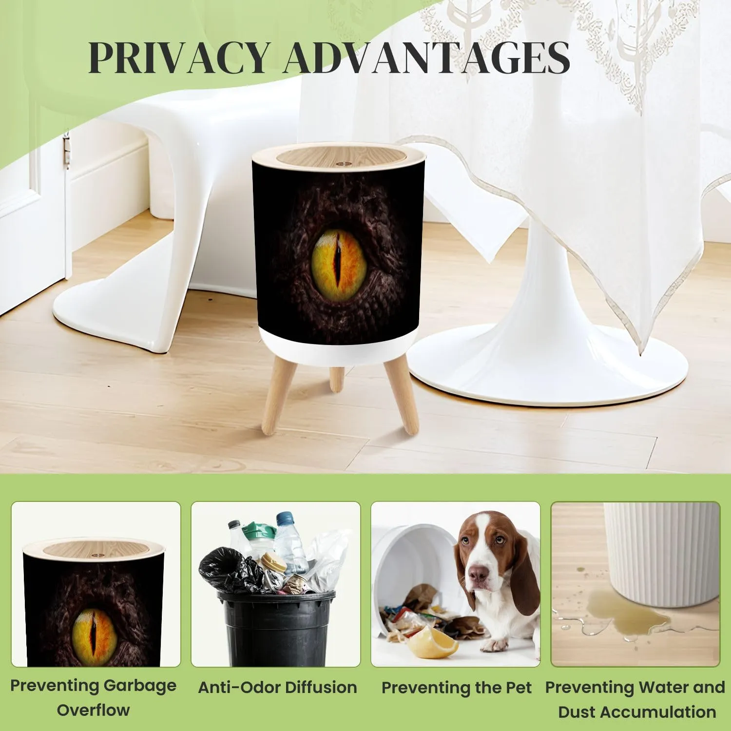 Small Trash Can with Lid Dragon Eye Close up Round Press Top Garbage Can with Legs Trash Bin Waste Basket for Kitchen Bedroom Bathroom 7L/1.8 Gallon