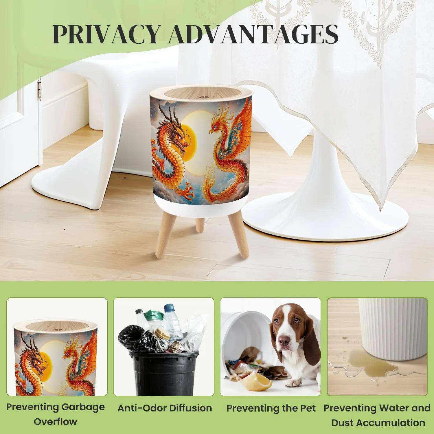 Small Trash Can with Lid Dragon Golden Fiery Sun Swirling Clouds Mythical Creatures Traditional Round Press Top Garbage Can with Legs Trash Bin Waste Basket for Kitchen Bedroom Bathroom 7L/1.8 Gallon