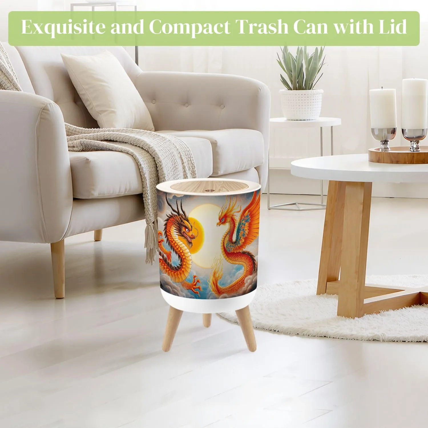 Small Trash Can with Lid Dragon Golden Fiery Sun Swirling Clouds Mythical Creatures Traditional Round Press Top Garbage Can with Legs Trash Bin Waste Basket for Kitchen Bedroom Bathroom 7L/1.8 Gallon