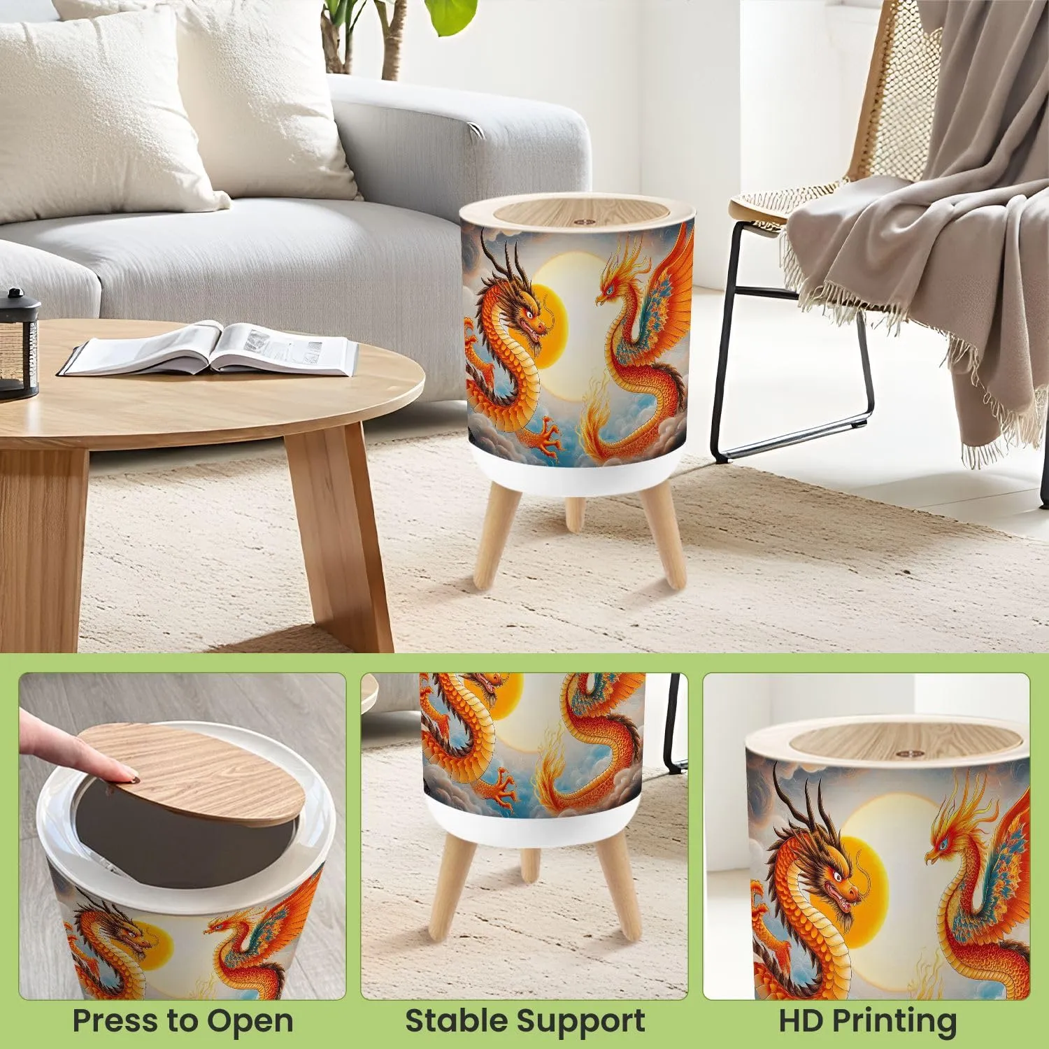 Small Trash Can with Lid Dragon Golden Fiery Sun Swirling Clouds Mythical Creatures Traditional Round Press Top Garbage Can with Legs Trash Bin Waste Basket for Kitchen Bedroom Bathroom 7L/1.8 Gallon
