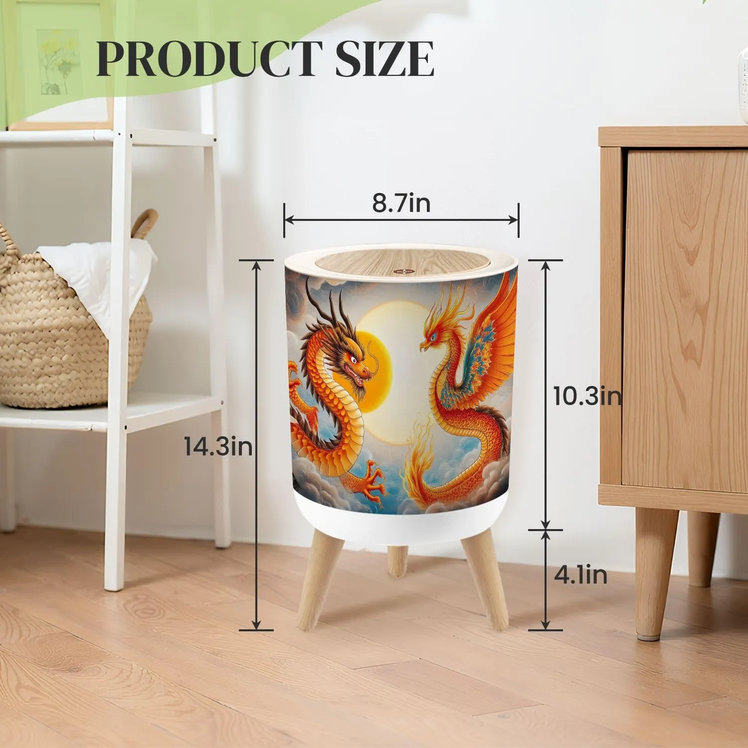 Small Trash Can with Lid Dragon Golden Fiery Sun Swirling Clouds Mythical Creatures Traditional Round Press Top Garbage Can with Legs Trash Bin Waste Basket for Kitchen Bedroom Bathroom 7L/1.8 Gallon