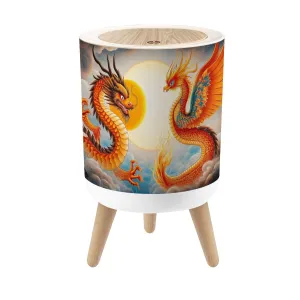 Small Trash Can with Lid Dragon Golden Fiery Sun Swirling Clouds Mythical Creatures Traditional Round Press Top Garbage Can with Legs Trash Bin Waste Basket for Kitchen Bedroom Bathroom 7L/1.8 Gallon
