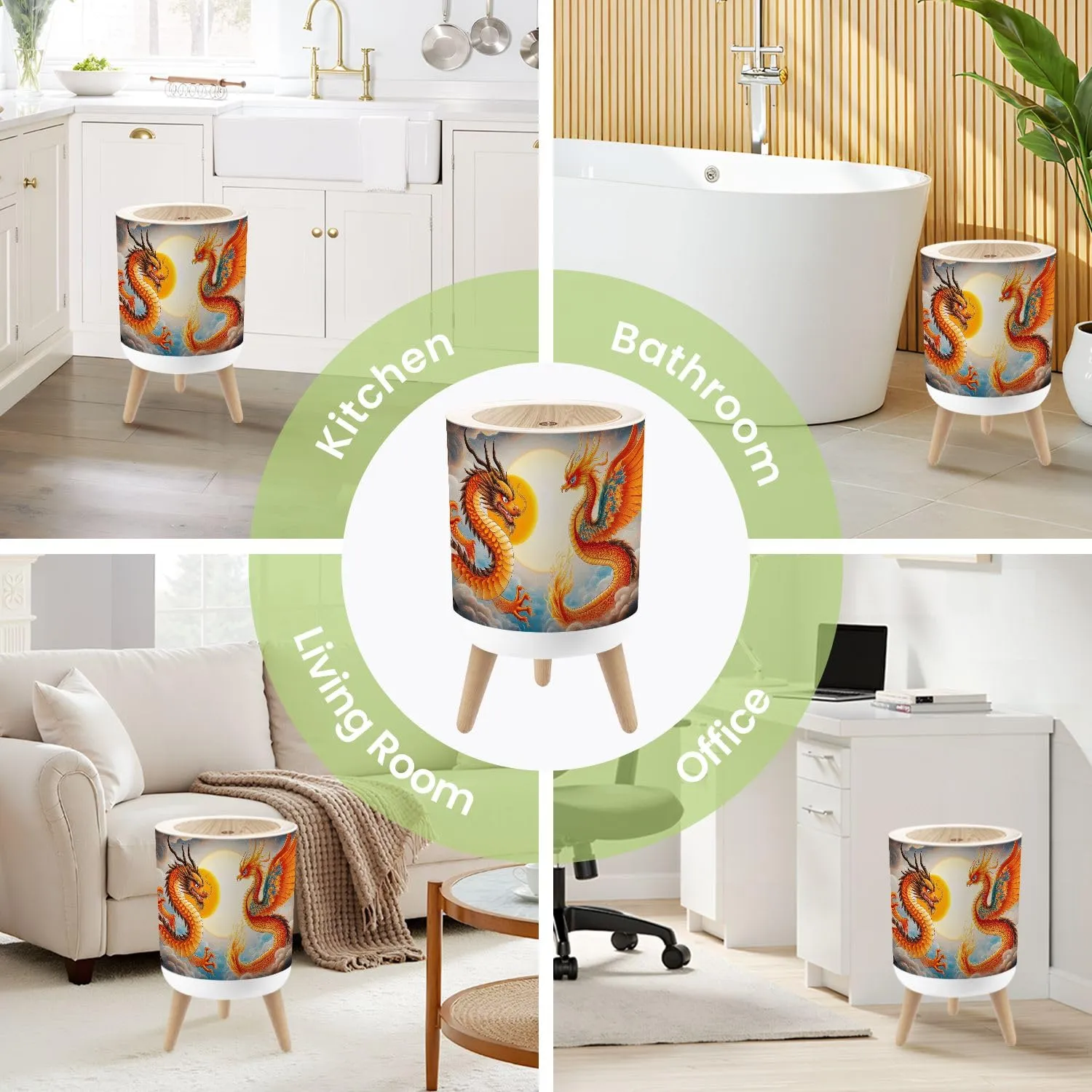 Small Trash Can with Lid Dragon Golden Fiery Sun Swirling Clouds Mythical Creatures Traditional Round Press Top Garbage Can with Legs Trash Bin Waste Basket for Kitchen Bedroom Bathroom 7L/1.8 Gallon