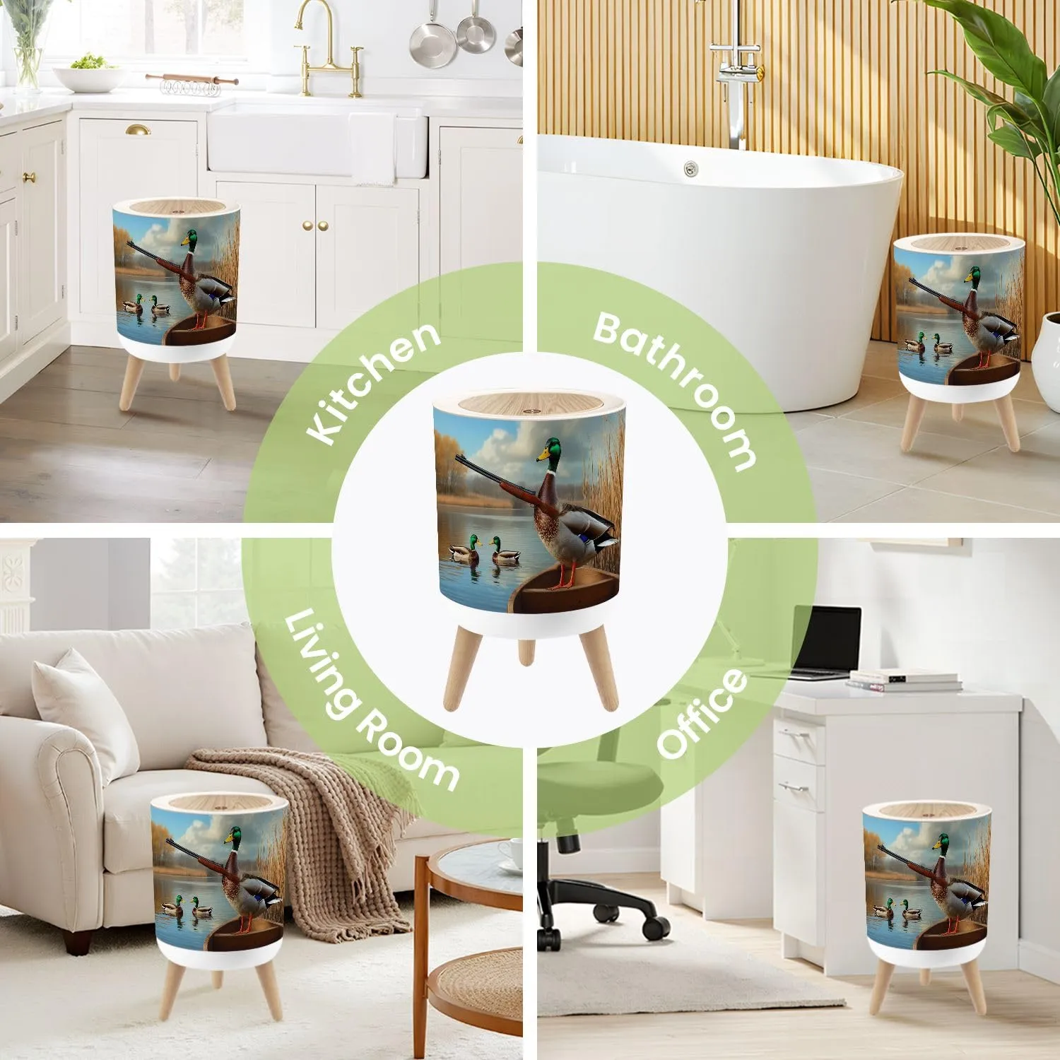 Small Trash Can with Lid Duck Hunting Wild Rustic Lovers Holding Mallard Ducks Wooden Boat Round Press Top Garbage Can with Legs Trash Bin Waste Basket for Kitchen Bedroom Bathroom 7L/1.8 Gallon