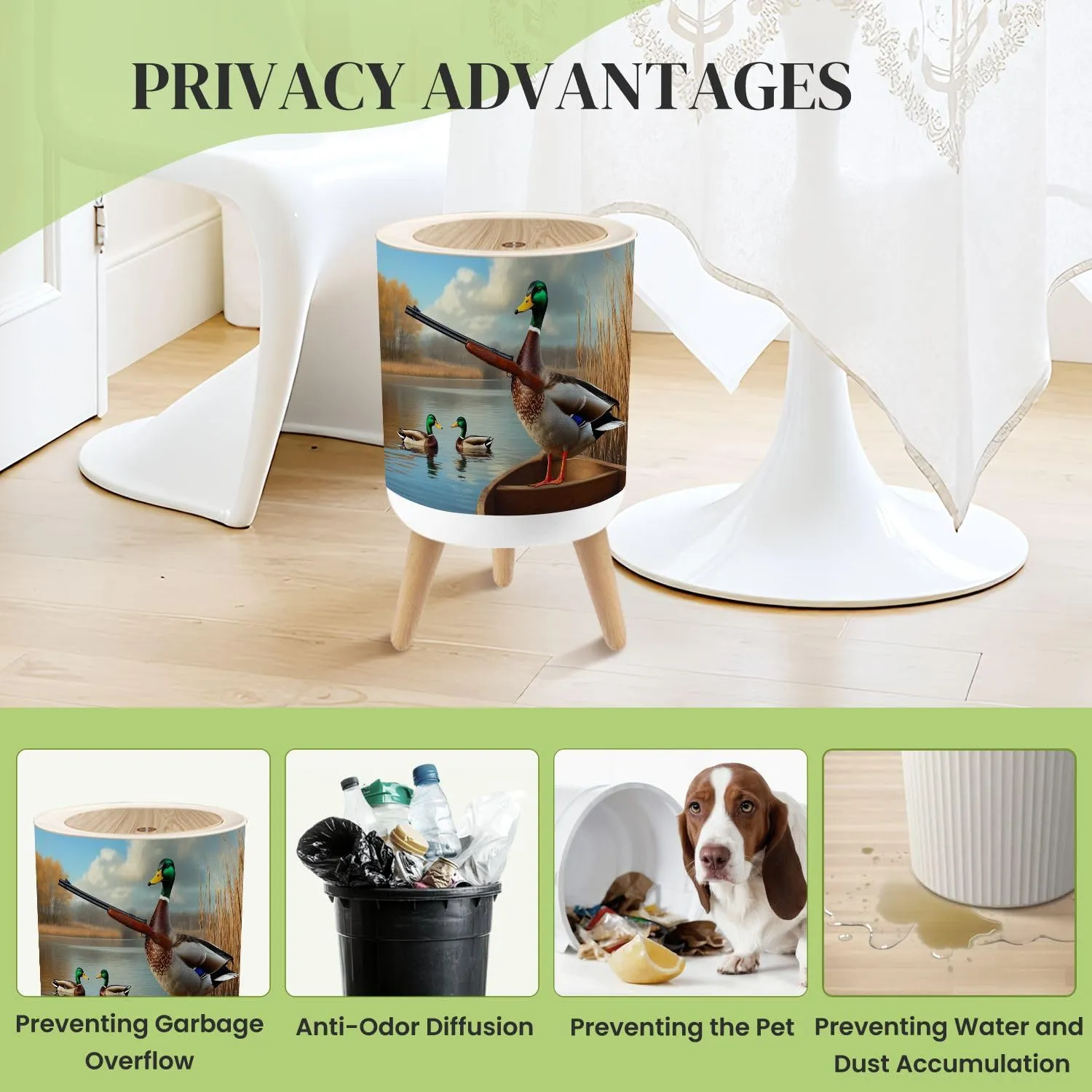 Small Trash Can with Lid Duck Hunting Wild Rustic Lovers Holding Mallard Ducks Wooden Boat Round Press Top Garbage Can with Legs Trash Bin Waste Basket for Kitchen Bedroom Bathroom 7L/1.8 Gallon