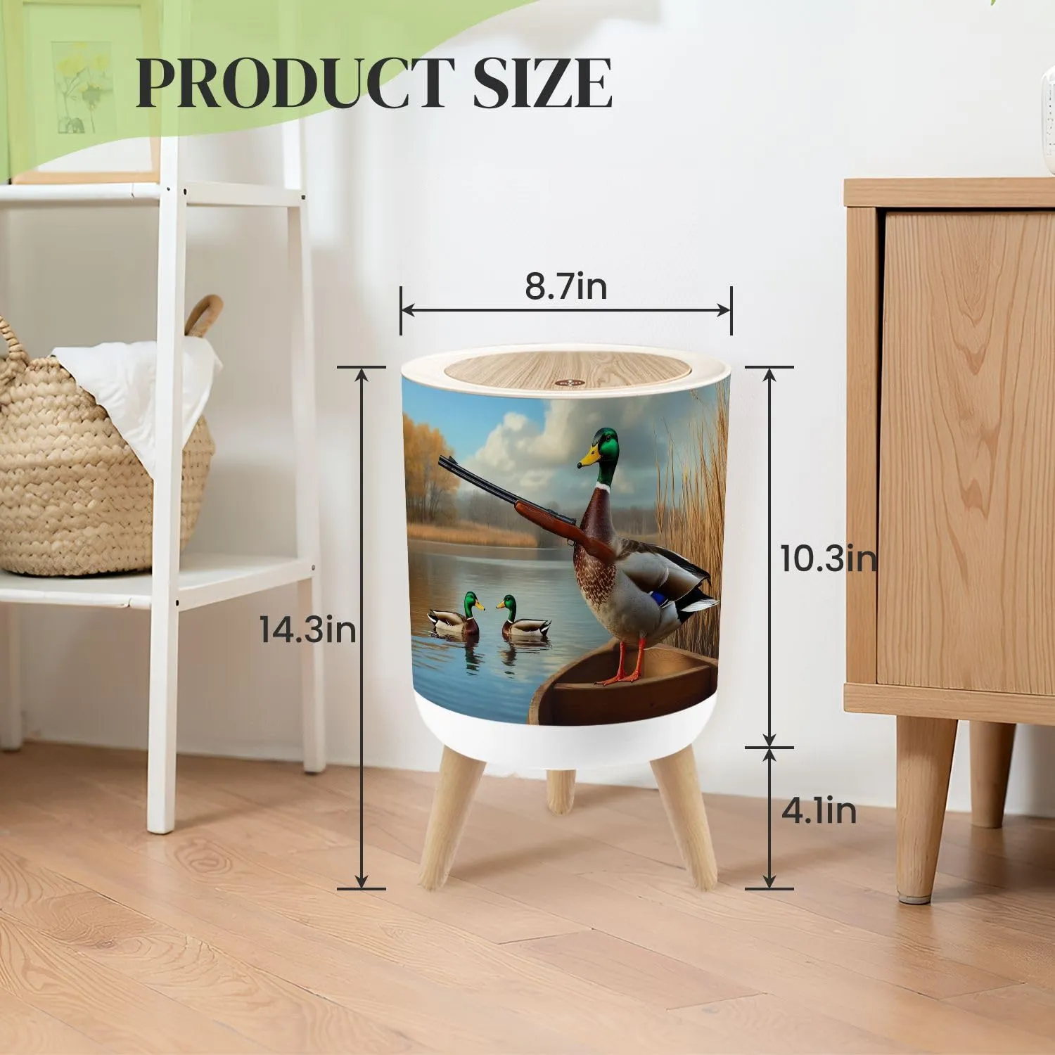 Small Trash Can with Lid Duck Hunting Wild Rustic Lovers Holding Mallard Ducks Wooden Boat Round Press Top Garbage Can with Legs Trash Bin Waste Basket for Kitchen Bedroom Bathroom 7L/1.8 Gallon