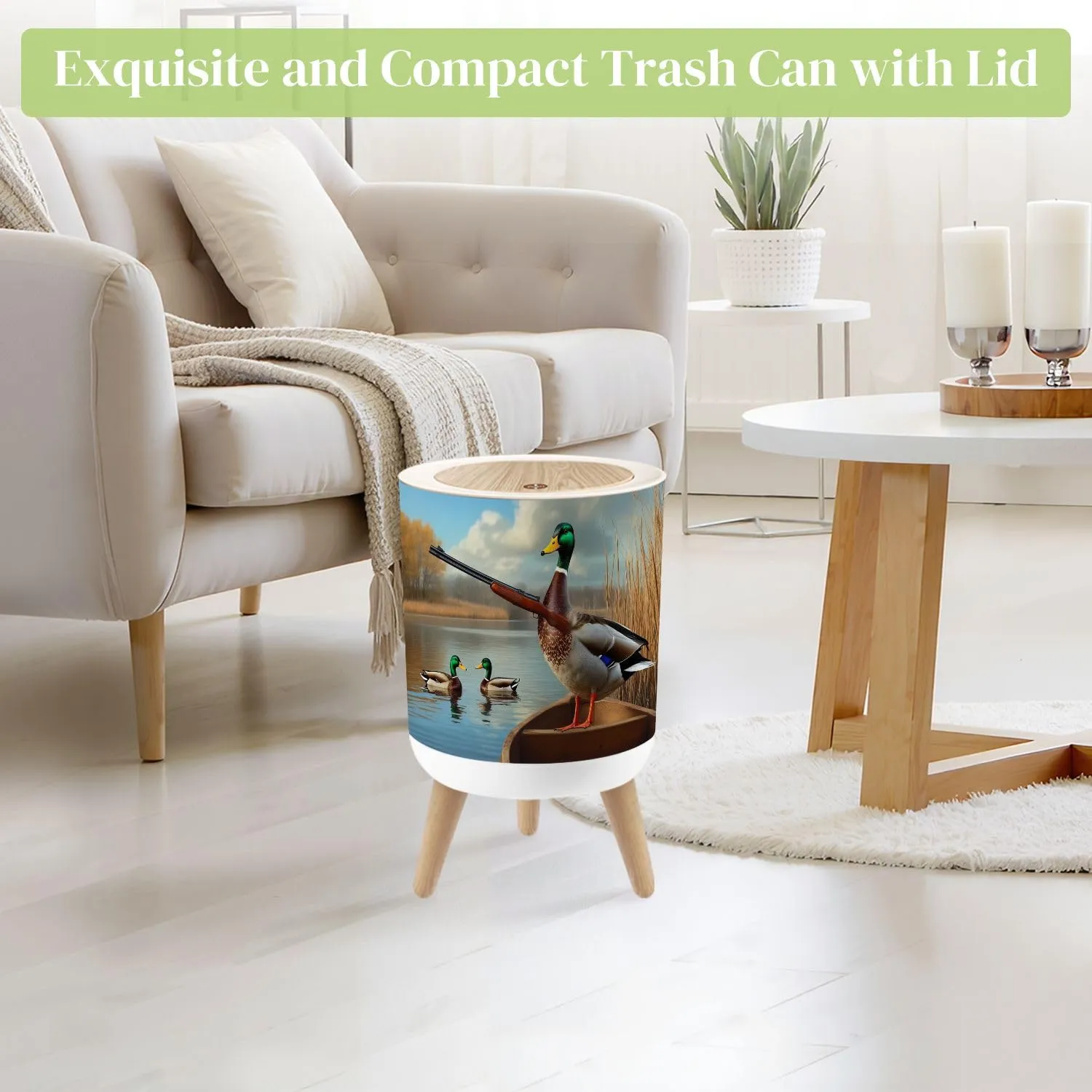 Small Trash Can with Lid Duck Hunting Wild Rustic Lovers Holding Mallard Ducks Wooden Boat Round Press Top Garbage Can with Legs Trash Bin Waste Basket for Kitchen Bedroom Bathroom 7L/1.8 Gallon