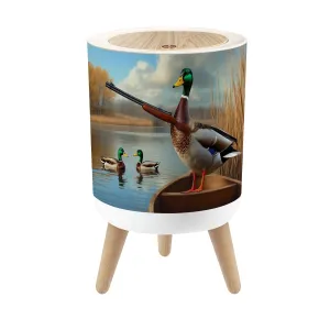 Small Trash Can with Lid Duck Hunting Wild Rustic Lovers Holding Mallard Ducks Wooden Boat Round Press Top Garbage Can with Legs Trash Bin Waste Basket for Kitchen Bedroom Bathroom 7L/1.8 Gallon