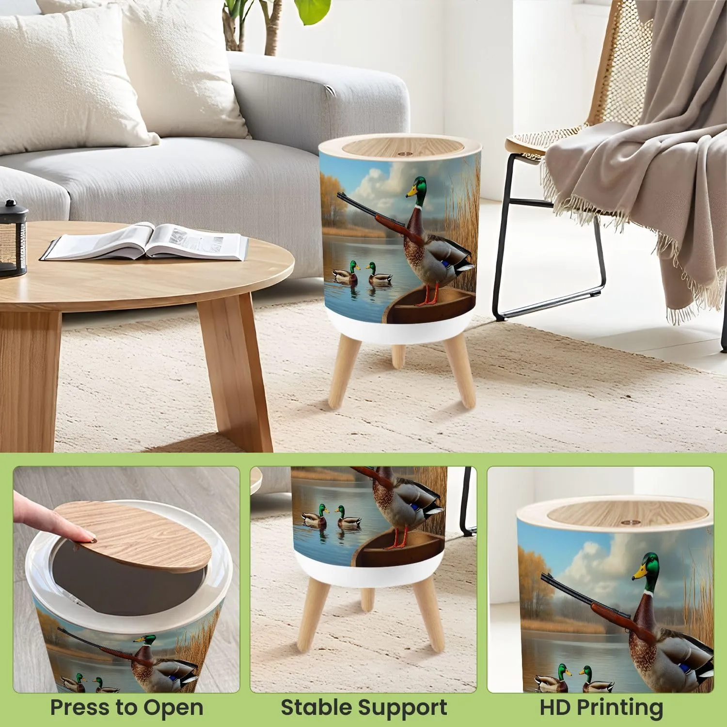 Small Trash Can with Lid Duck Hunting Wild Rustic Lovers Holding Mallard Ducks Wooden Boat Round Press Top Garbage Can with Legs Trash Bin Waste Basket for Kitchen Bedroom Bathroom 7L/1.8 Gallon