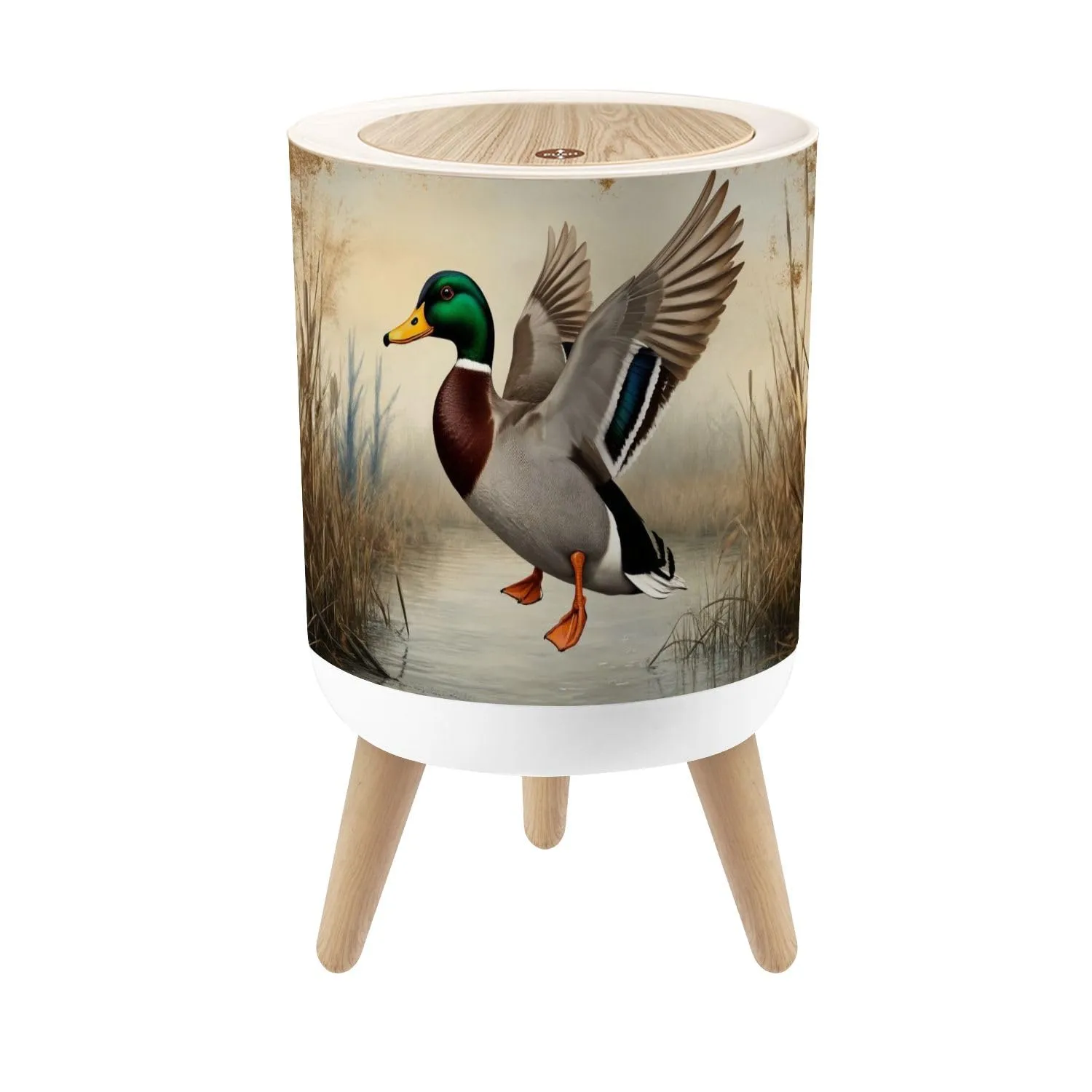 Small Trash Can with Lid Duck Hunting Wild Rustic Lovers Male Mallard Wetland Reeds Water Round Press Top Garbage Can with Legs Trash Bin Waste Basket for Kitchen Bedroom Bathroom 7L/1.8 Gallon