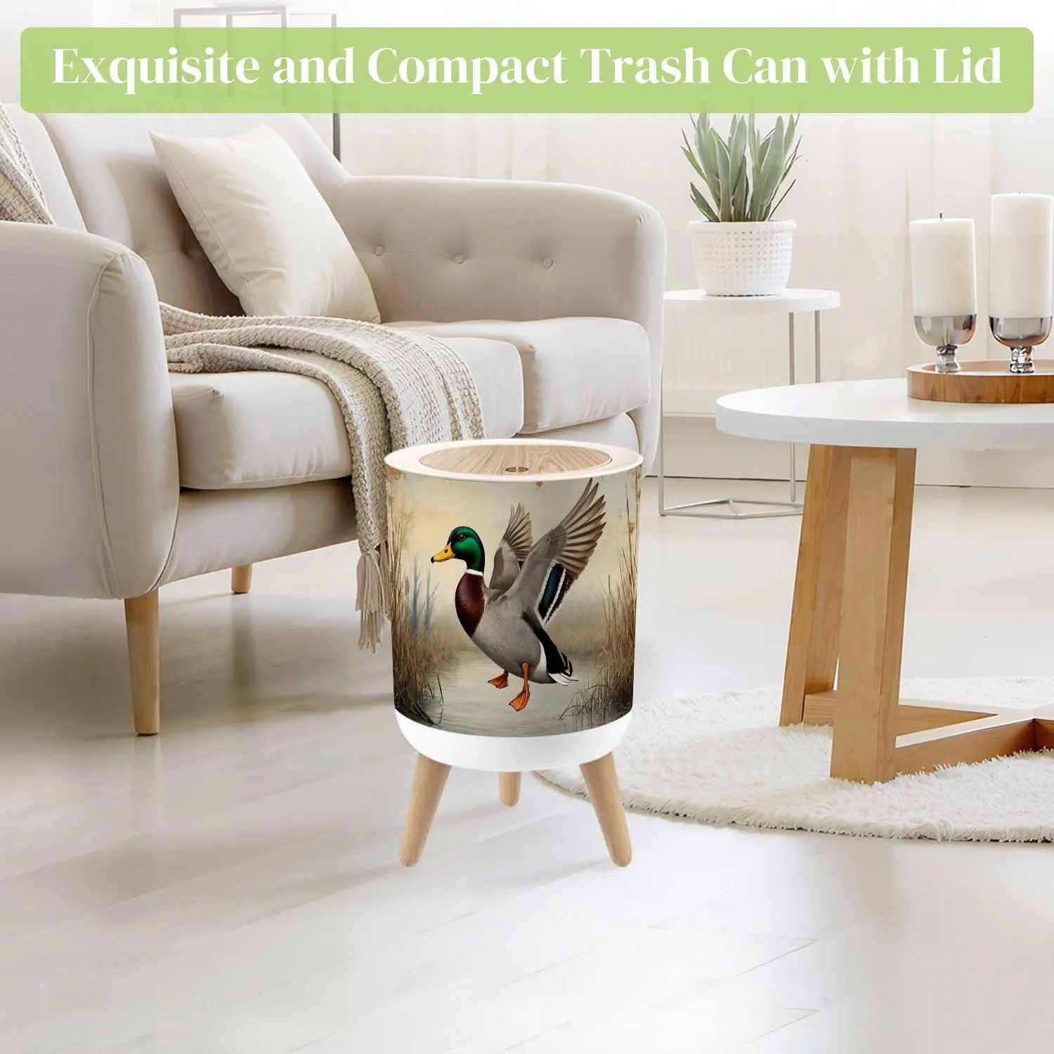 Small Trash Can with Lid Duck Hunting Wild Rustic Lovers Male Mallard Wetland Reeds Water Round Press Top Garbage Can with Legs Trash Bin Waste Basket for Kitchen Bedroom Bathroom 7L/1.8 Gallon