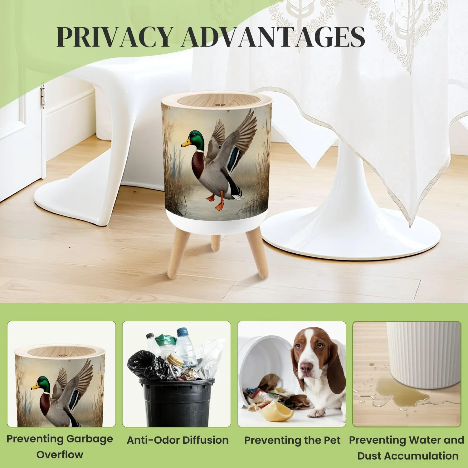 Small Trash Can with Lid Duck Hunting Wild Rustic Lovers Male Mallard Wetland Reeds Water Round Press Top Garbage Can with Legs Trash Bin Waste Basket for Kitchen Bedroom Bathroom 7L/1.8 Gallon