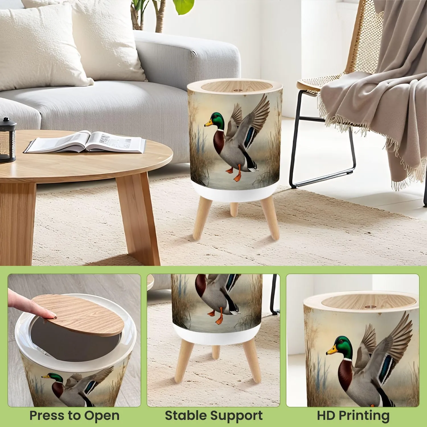 Small Trash Can with Lid Duck Hunting Wild Rustic Lovers Male Mallard Wetland Reeds Water Round Press Top Garbage Can with Legs Trash Bin Waste Basket for Kitchen Bedroom Bathroom 7L/1.8 Gallon