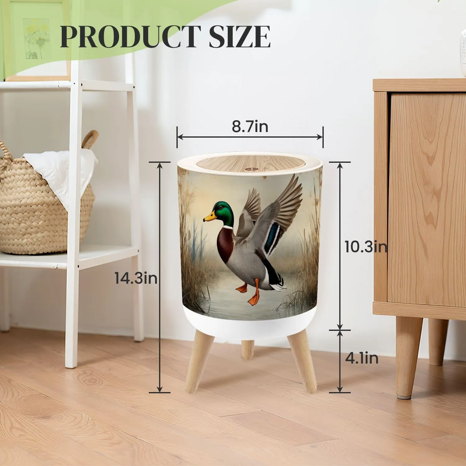 Small Trash Can with Lid Duck Hunting Wild Rustic Lovers Male Mallard Wetland Reeds Water Round Press Top Garbage Can with Legs Trash Bin Waste Basket for Kitchen Bedroom Bathroom 7L/1.8 Gallon