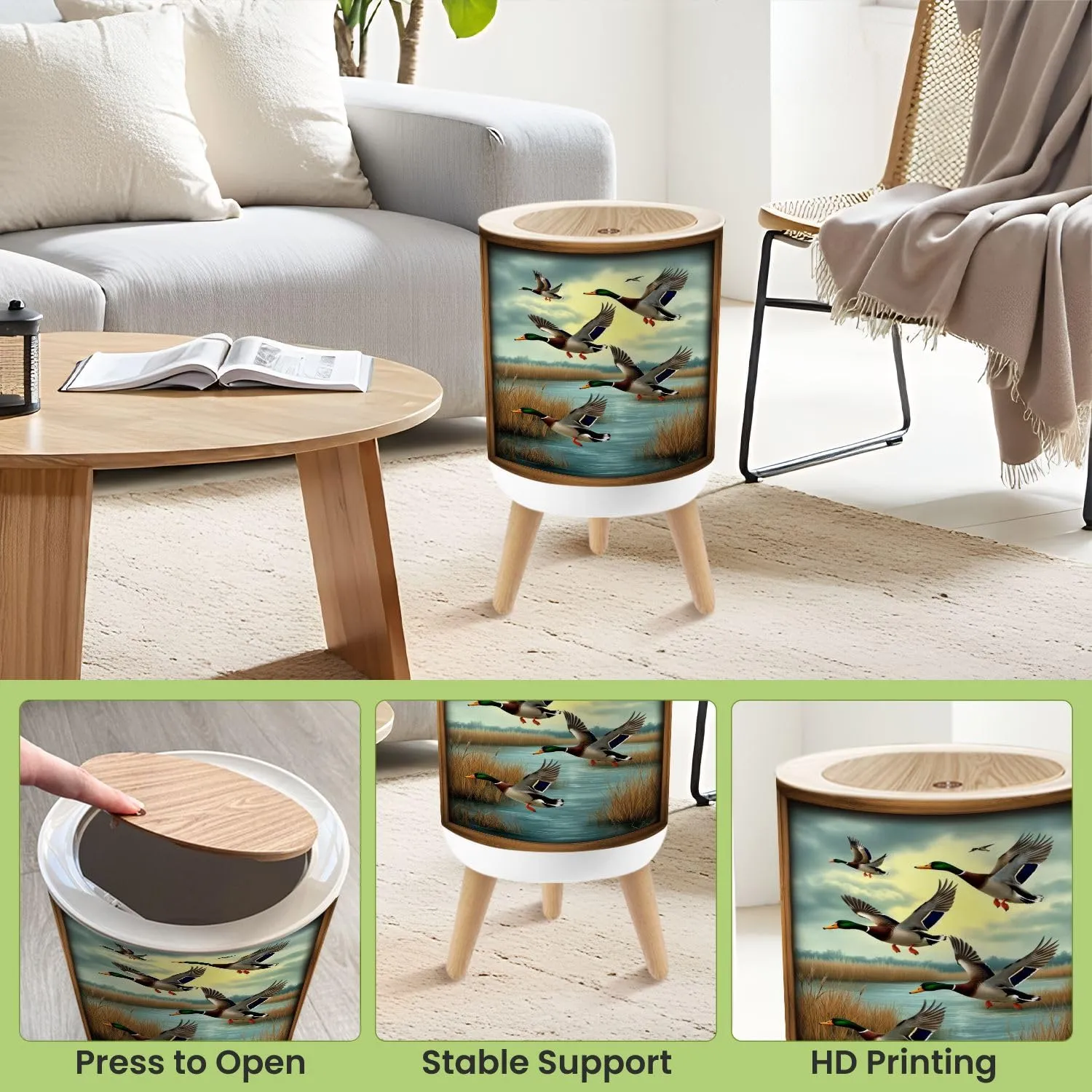 Small Trash Can with Lid Duck Hunting Wild Rustic Lovers Mallard Ducks Wetland Scenery Golden Round Press Top Garbage Can with Legs Trash Bin Waste Basket for Kitchen Bedroom Bathroom 7L/1.8 Gallon