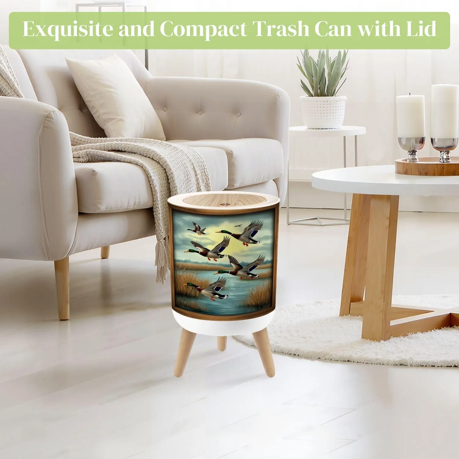Small Trash Can with Lid Duck Hunting Wild Rustic Lovers Mallard Ducks Wetland Scenery Golden Round Press Top Garbage Can with Legs Trash Bin Waste Basket for Kitchen Bedroom Bathroom 7L/1.8 Gallon
