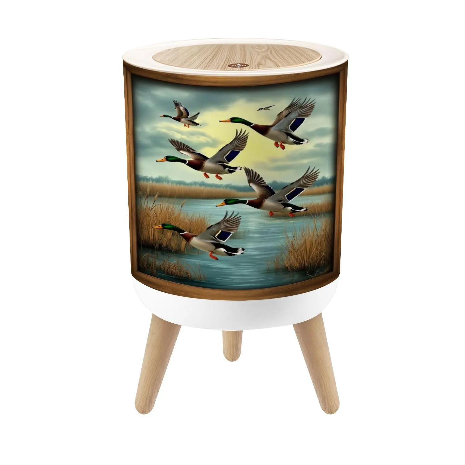 Small Trash Can with Lid Duck Hunting Wild Rustic Lovers Mallard Ducks Wetland Scenery Golden Round Press Top Garbage Can with Legs Trash Bin Waste Basket for Kitchen Bedroom Bathroom 7L/1.8 Gallon