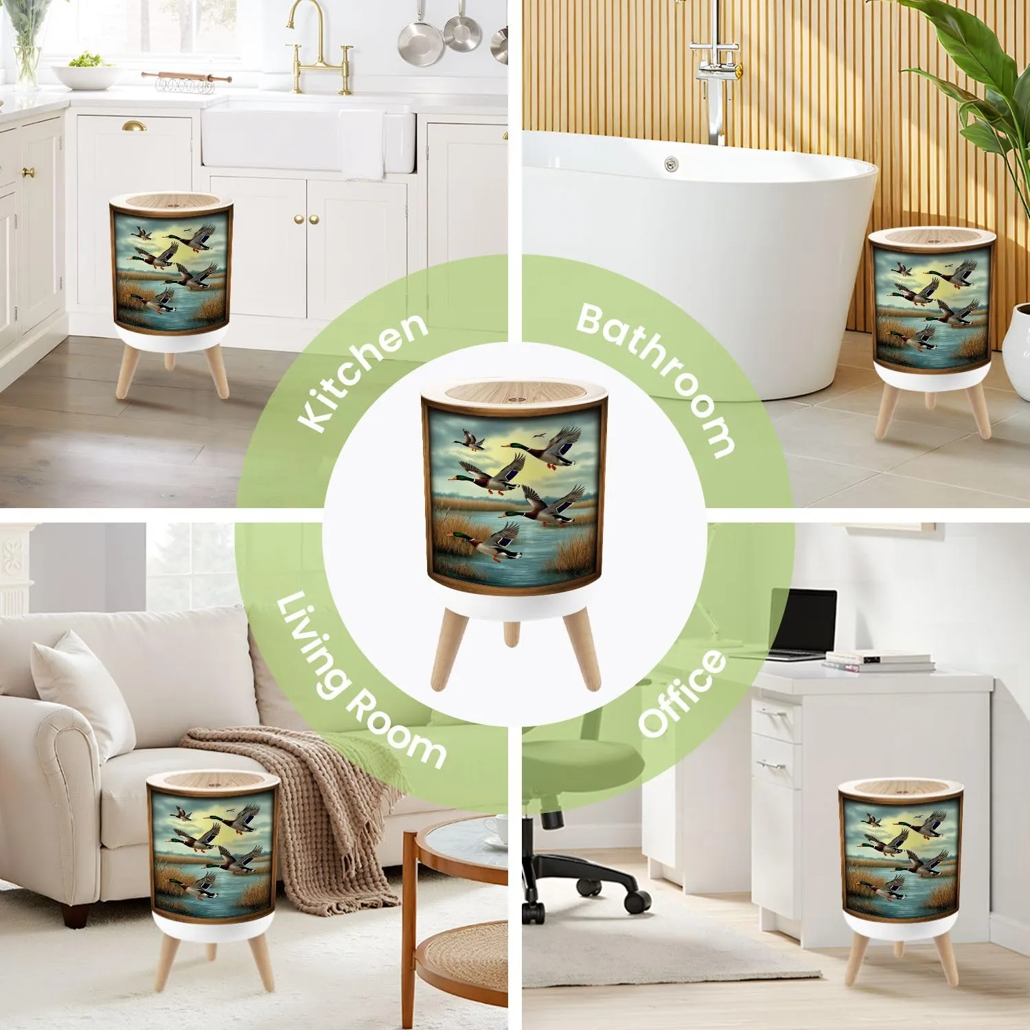 Small Trash Can with Lid Duck Hunting Wild Rustic Lovers Mallard Ducks Wetland Scenery Golden Round Press Top Garbage Can with Legs Trash Bin Waste Basket for Kitchen Bedroom Bathroom 7L/1.8 Gallon