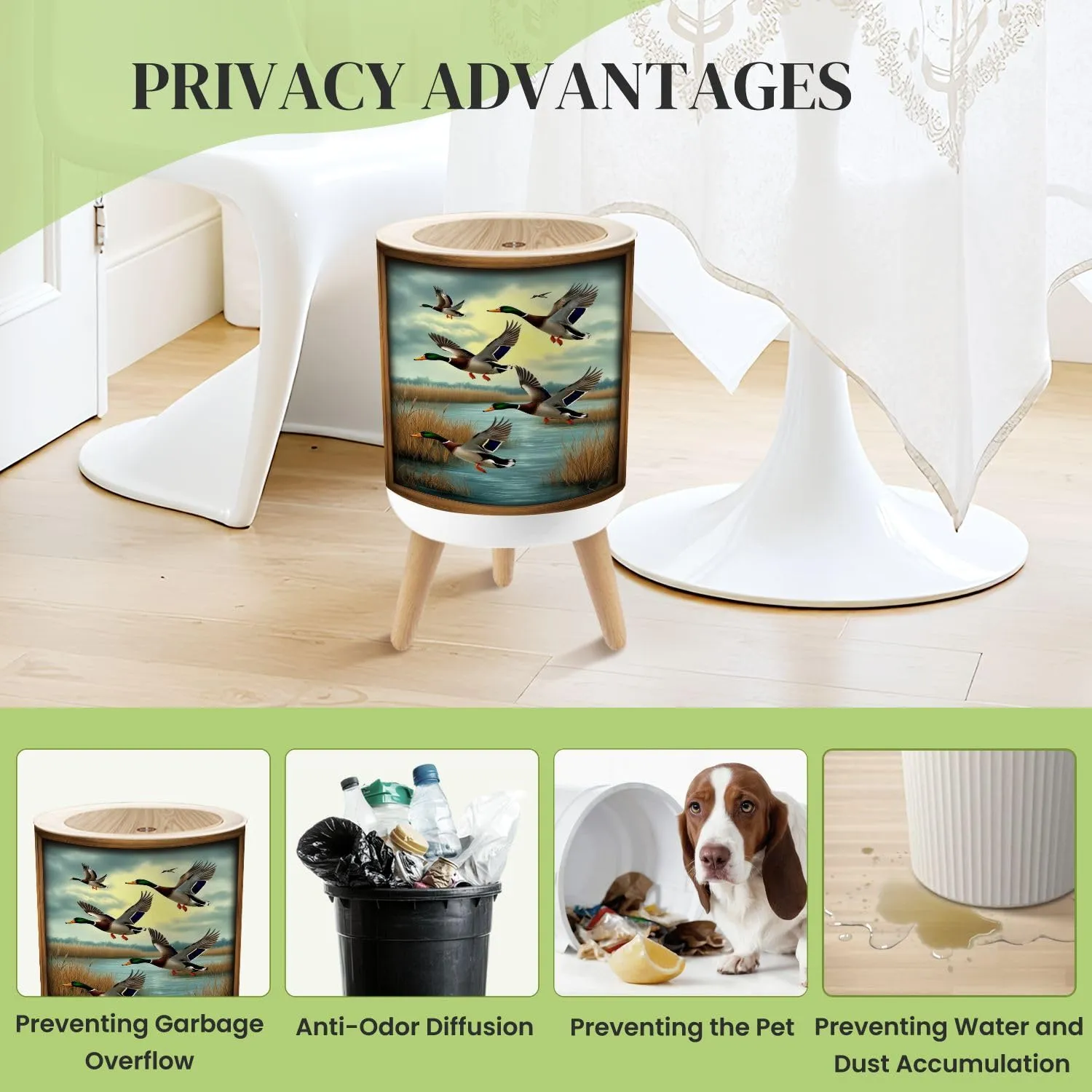 Small Trash Can with Lid Duck Hunting Wild Rustic Lovers Mallard Ducks Wetland Scenery Golden Round Press Top Garbage Can with Legs Trash Bin Waste Basket for Kitchen Bedroom Bathroom 7L/1.8 Gallon