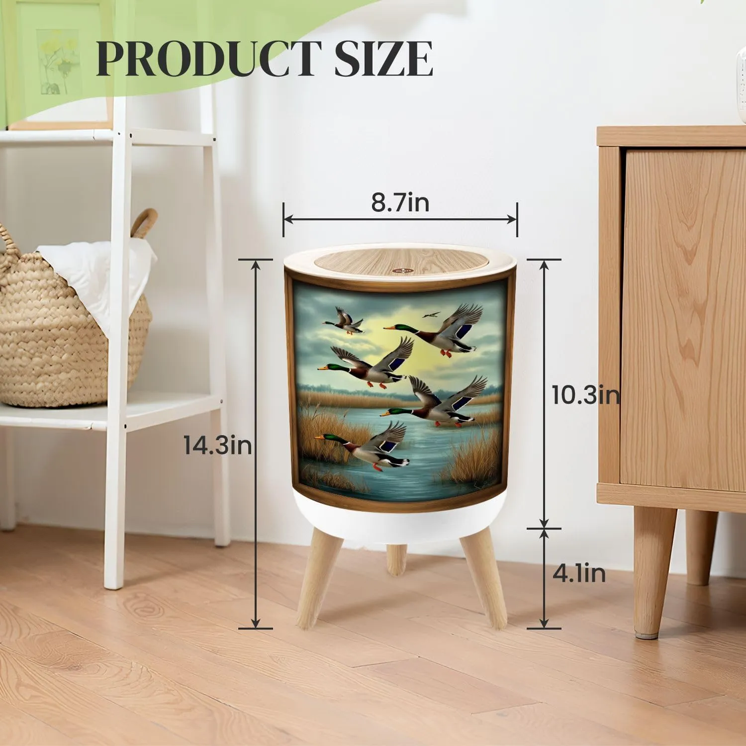 Small Trash Can with Lid Duck Hunting Wild Rustic Lovers Mallard Ducks Wetland Scenery Golden Round Press Top Garbage Can with Legs Trash Bin Waste Basket for Kitchen Bedroom Bathroom 7L/1.8 Gallon