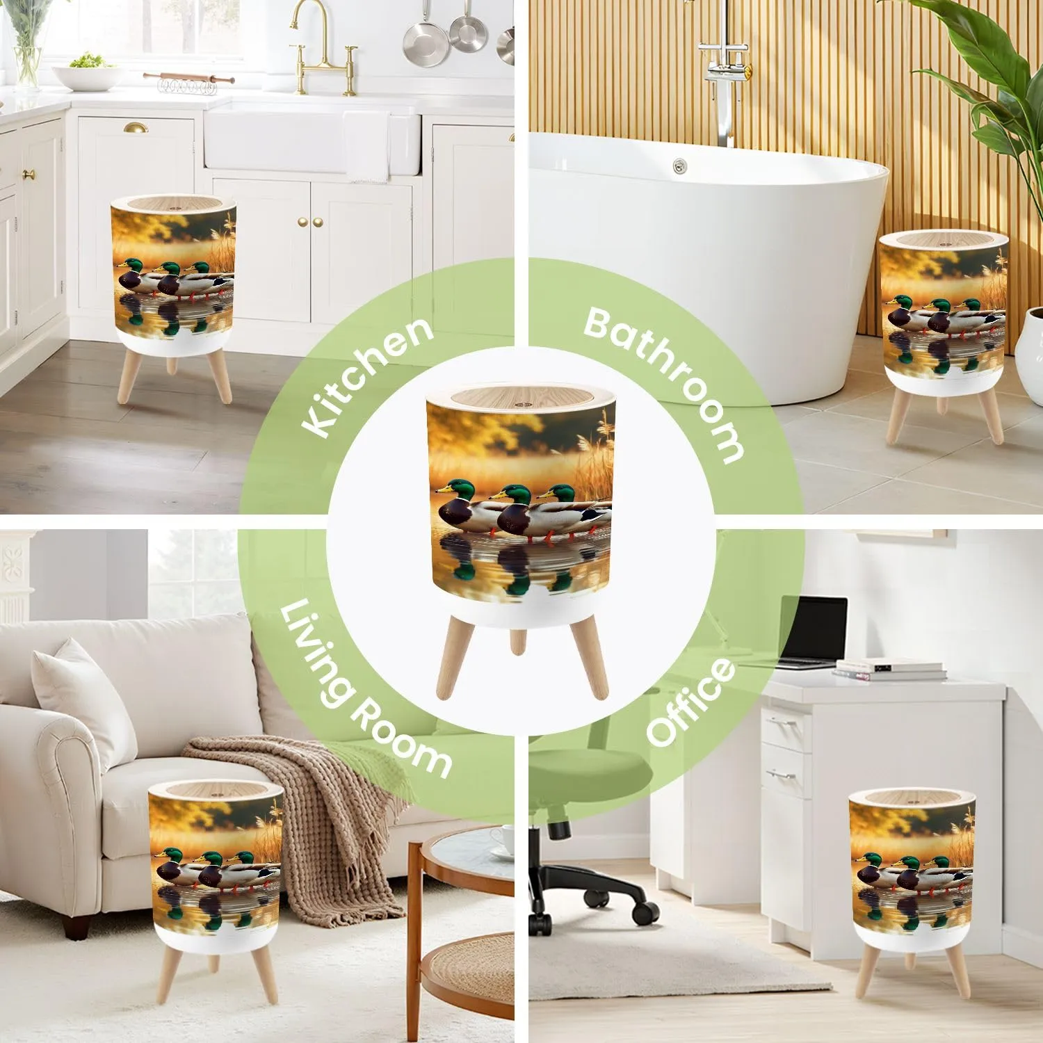 Small Trash Can with Lid Duck Hunting Wild Rustic Lovers Mallard Ducks Wetlands Golden Reed Round Press Top Garbage Can with Legs Trash Bin Waste Basket for Kitchen Bedroom Bathroom 7L/1.8 Gallon