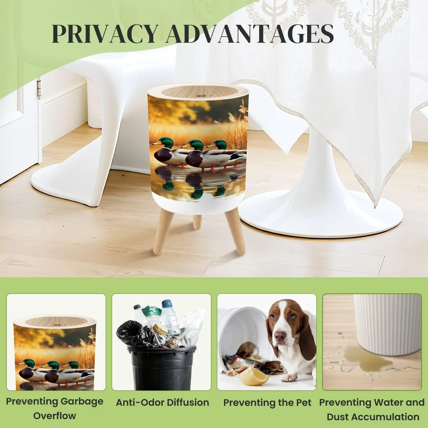 Small Trash Can with Lid Duck Hunting Wild Rustic Lovers Mallard Ducks Wetlands Golden Reed Round Press Top Garbage Can with Legs Trash Bin Waste Basket for Kitchen Bedroom Bathroom 7L/1.8 Gallon