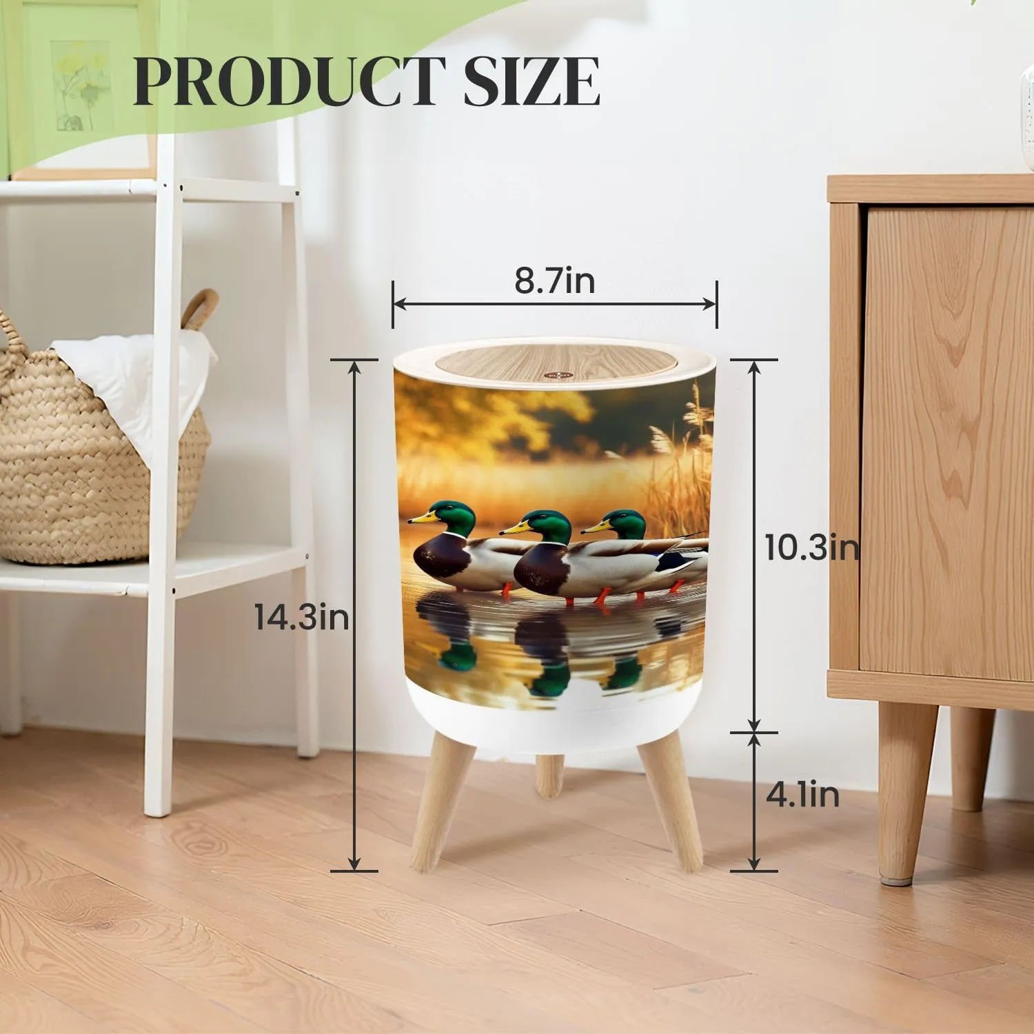 Small Trash Can with Lid Duck Hunting Wild Rustic Lovers Mallard Ducks Wetlands Golden Reed Round Press Top Garbage Can with Legs Trash Bin Waste Basket for Kitchen Bedroom Bathroom 7L/1.8 Gallon