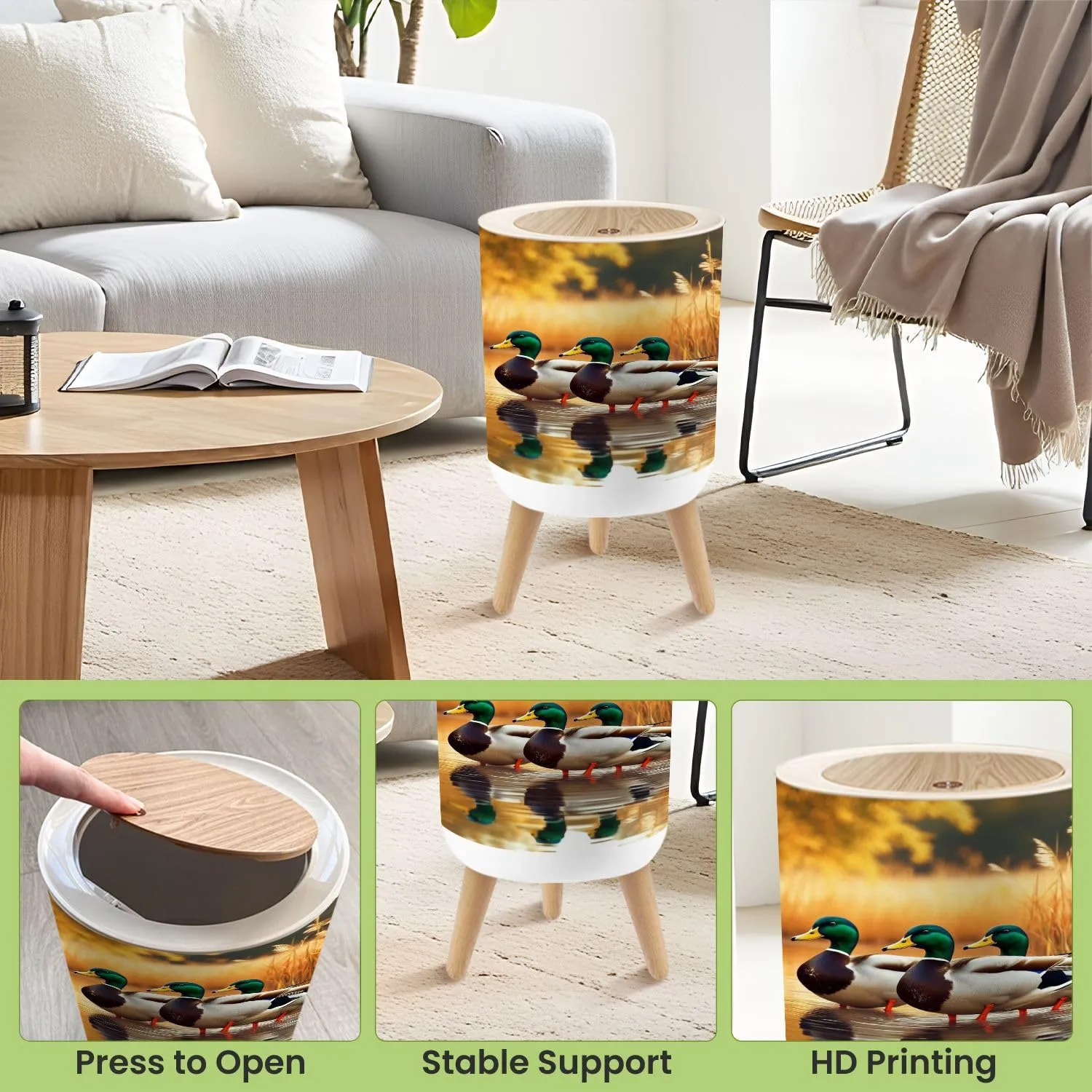 Small Trash Can with Lid Duck Hunting Wild Rustic Lovers Mallard Ducks Wetlands Golden Reed Round Press Top Garbage Can with Legs Trash Bin Waste Basket for Kitchen Bedroom Bathroom 7L/1.8 Gallon
