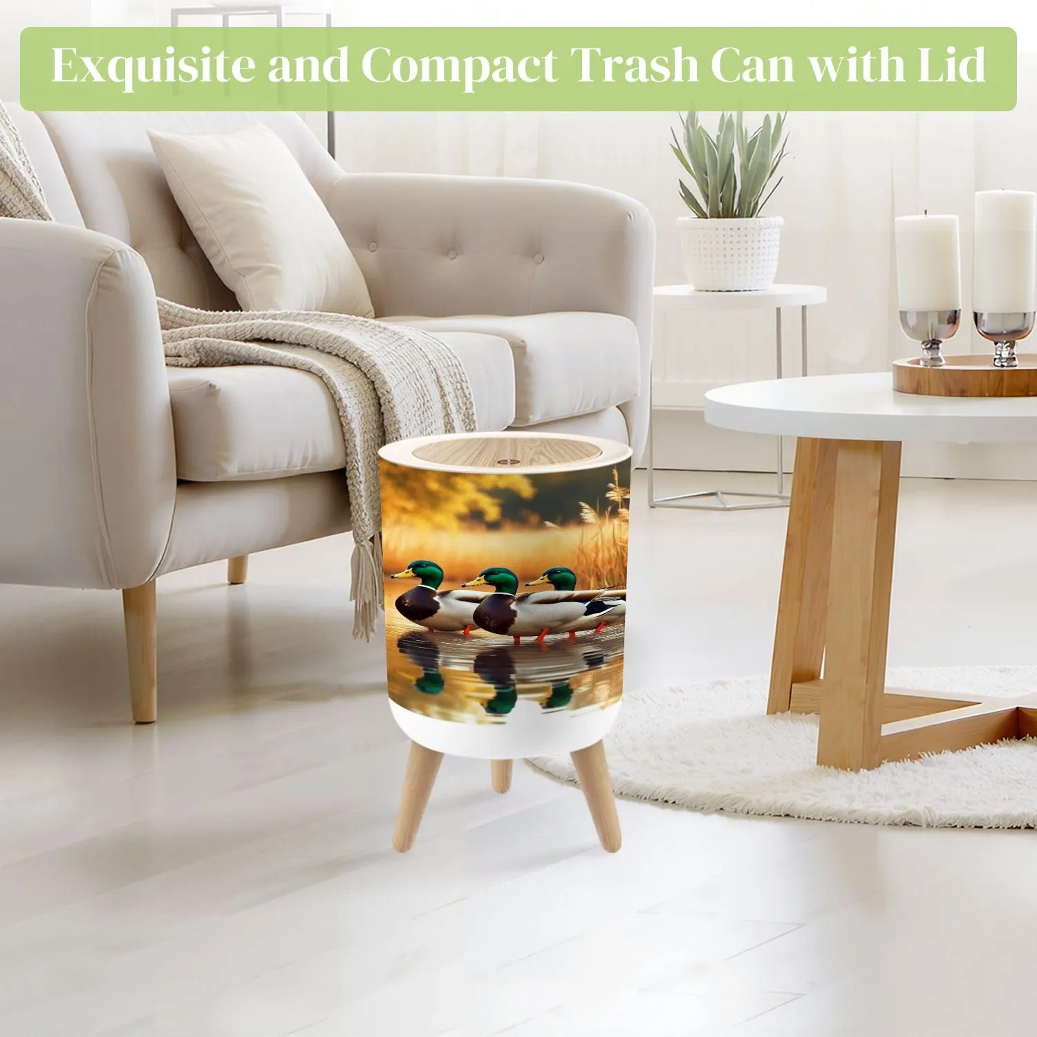 Small Trash Can with Lid Duck Hunting Wild Rustic Lovers Mallard Ducks Wetlands Golden Reed Round Press Top Garbage Can with Legs Trash Bin Waste Basket for Kitchen Bedroom Bathroom 7L/1.8 Gallon