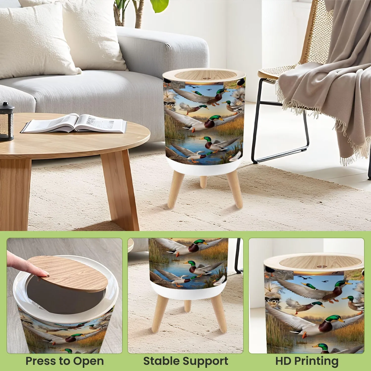 Small Trash Can with Lid Duck Hunting Wild Rustic Lovers Mallard Ducks Wetlands Reeds Grasses Round Press Top Garbage Can with Legs Trash Bin Waste Basket for Kitchen Bedroom Bathroom 7L/1.8 Gallon