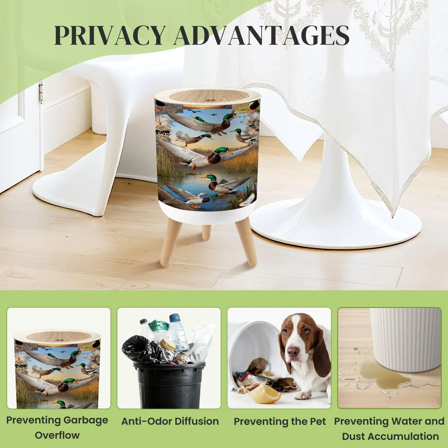 Small Trash Can with Lid Duck Hunting Wild Rustic Lovers Mallard Ducks Wetlands Reeds Grasses Round Press Top Garbage Can with Legs Trash Bin Waste Basket for Kitchen Bedroom Bathroom 7L/1.8 Gallon