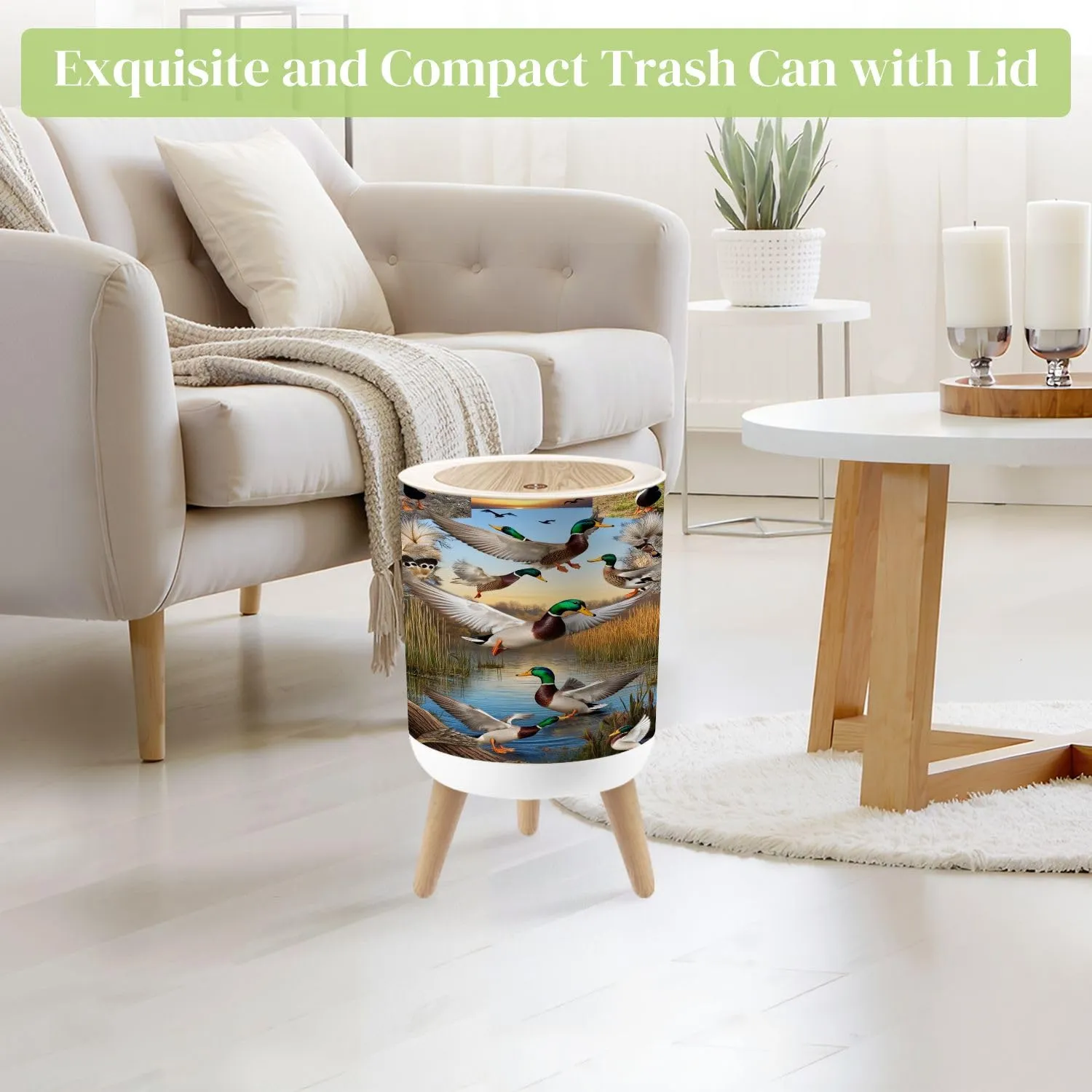 Small Trash Can with Lid Duck Hunting Wild Rustic Lovers Mallard Ducks Wetlands Reeds Grasses Round Press Top Garbage Can with Legs Trash Bin Waste Basket for Kitchen Bedroom Bathroom 7L/1.8 Gallon