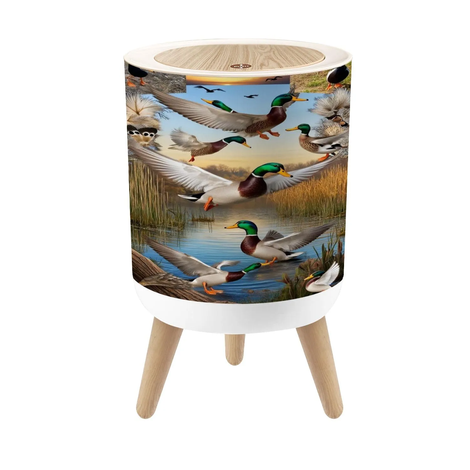 Small Trash Can with Lid Duck Hunting Wild Rustic Lovers Mallard Ducks Wetlands Reeds Grasses Round Press Top Garbage Can with Legs Trash Bin Waste Basket for Kitchen Bedroom Bathroom 7L/1.8 Gallon
