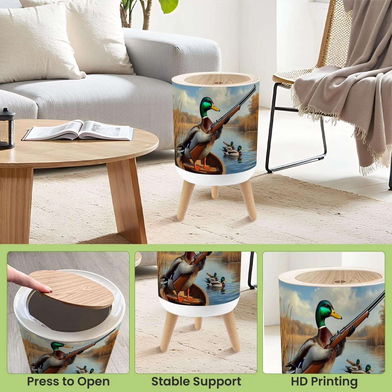 Small Trash Can with Lid Duck Hunting Wild Rustic Lovers Mallard Rifle Rowboat Serene Lake Round Press Top Garbage Can with Legs Trash Bin Waste Basket for Kitchen Bedroom Bathroom 7L/1.8 Gallon