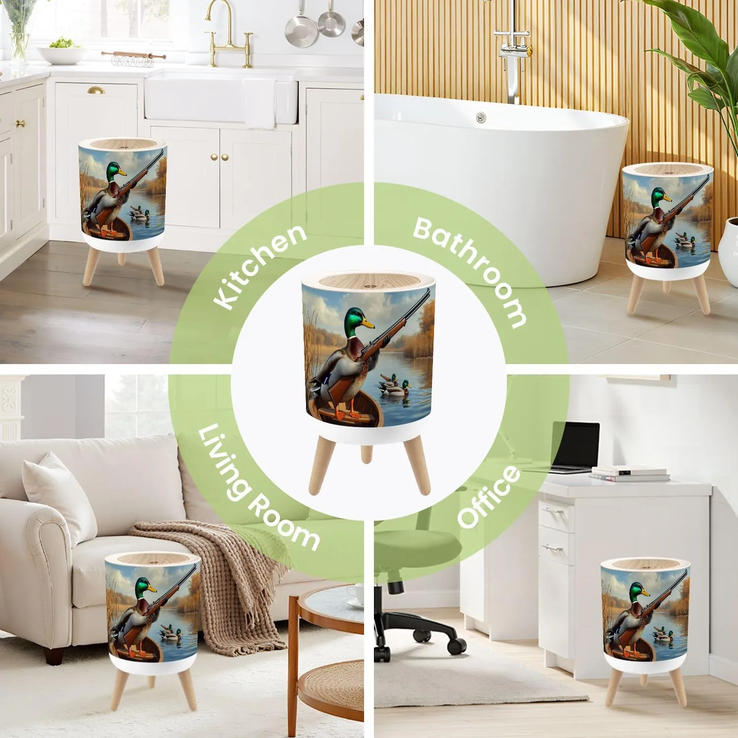 Small Trash Can with Lid Duck Hunting Wild Rustic Lovers Mallard Rifle Rowboat Serene Lake Round Press Top Garbage Can with Legs Trash Bin Waste Basket for Kitchen Bedroom Bathroom 7L/1.8 Gallon