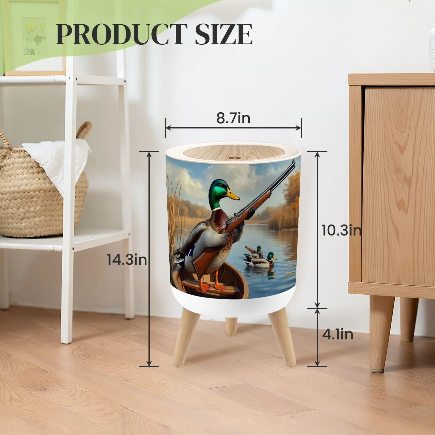 Small Trash Can with Lid Duck Hunting Wild Rustic Lovers Mallard Rifle Rowboat Serene Lake Round Press Top Garbage Can with Legs Trash Bin Waste Basket for Kitchen Bedroom Bathroom 7L/1.8 Gallon