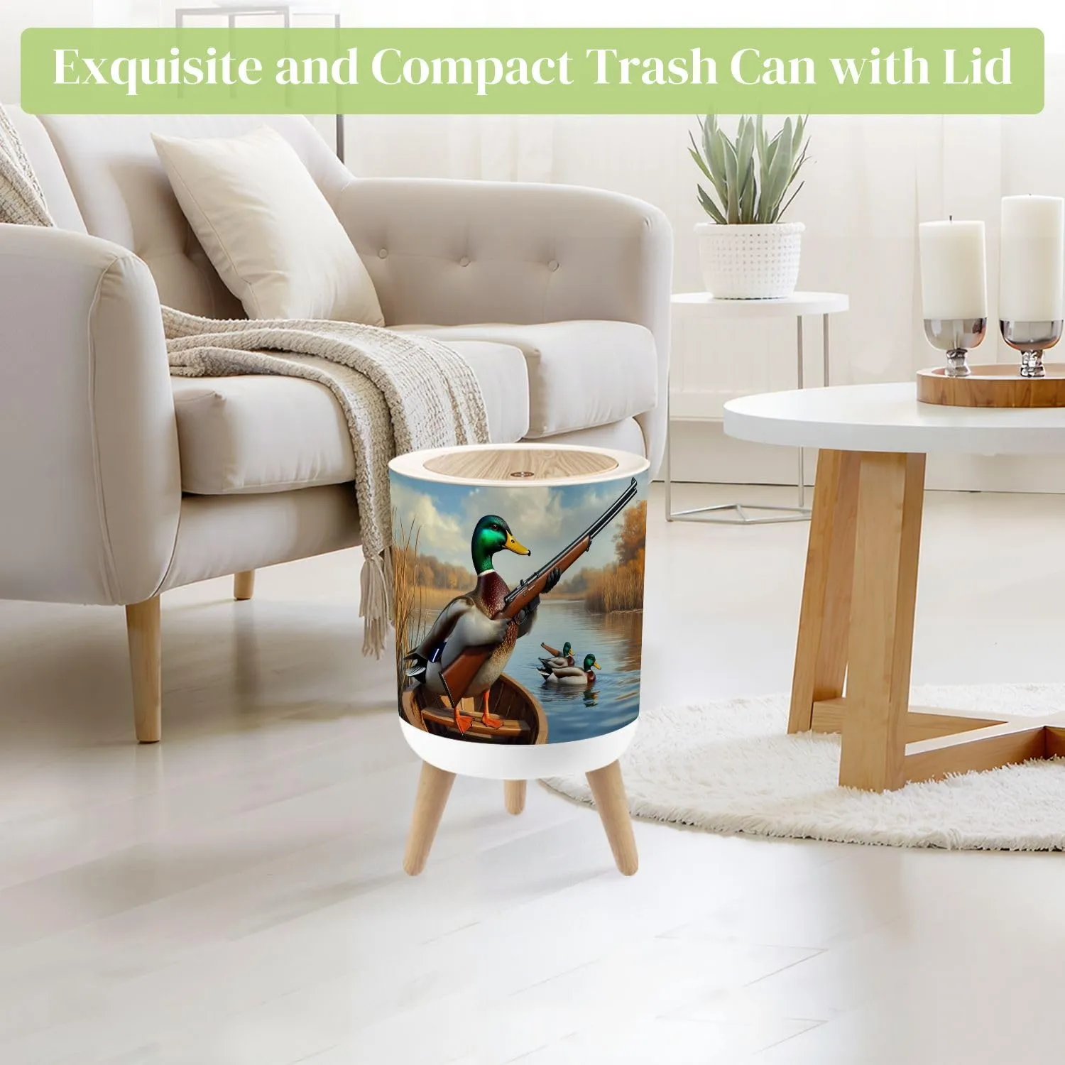 Small Trash Can with Lid Duck Hunting Wild Rustic Lovers Mallard Rifle Rowboat Serene Lake Round Press Top Garbage Can with Legs Trash Bin Waste Basket for Kitchen Bedroom Bathroom 7L/1.8 Gallon